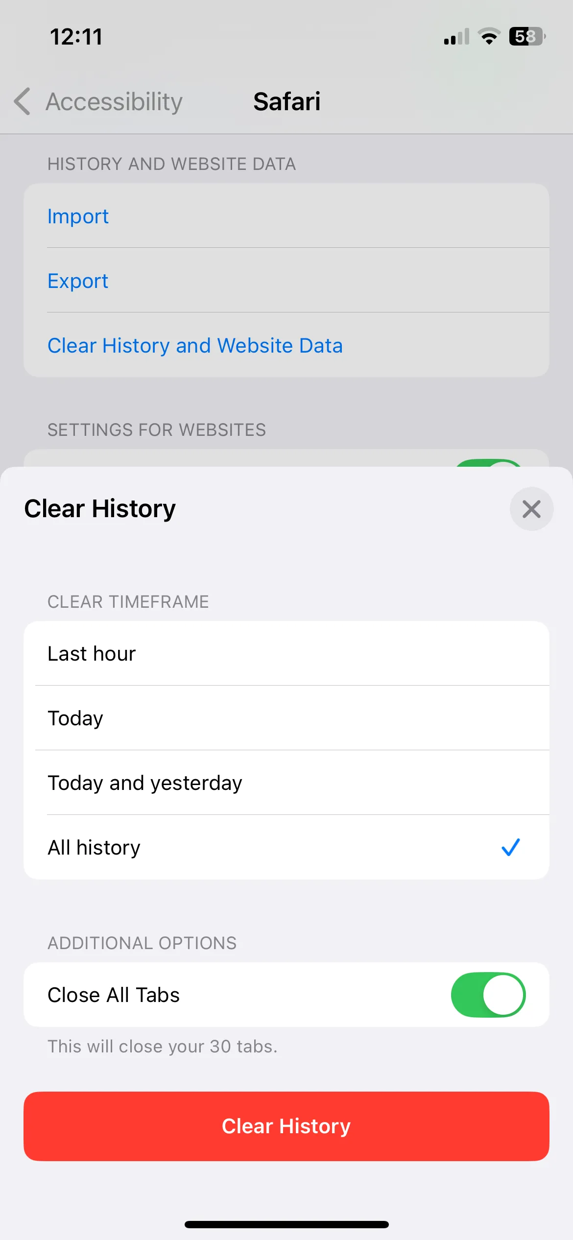 Menu xóa lịch sử và dữ liệu trang web Safari trên iPhone