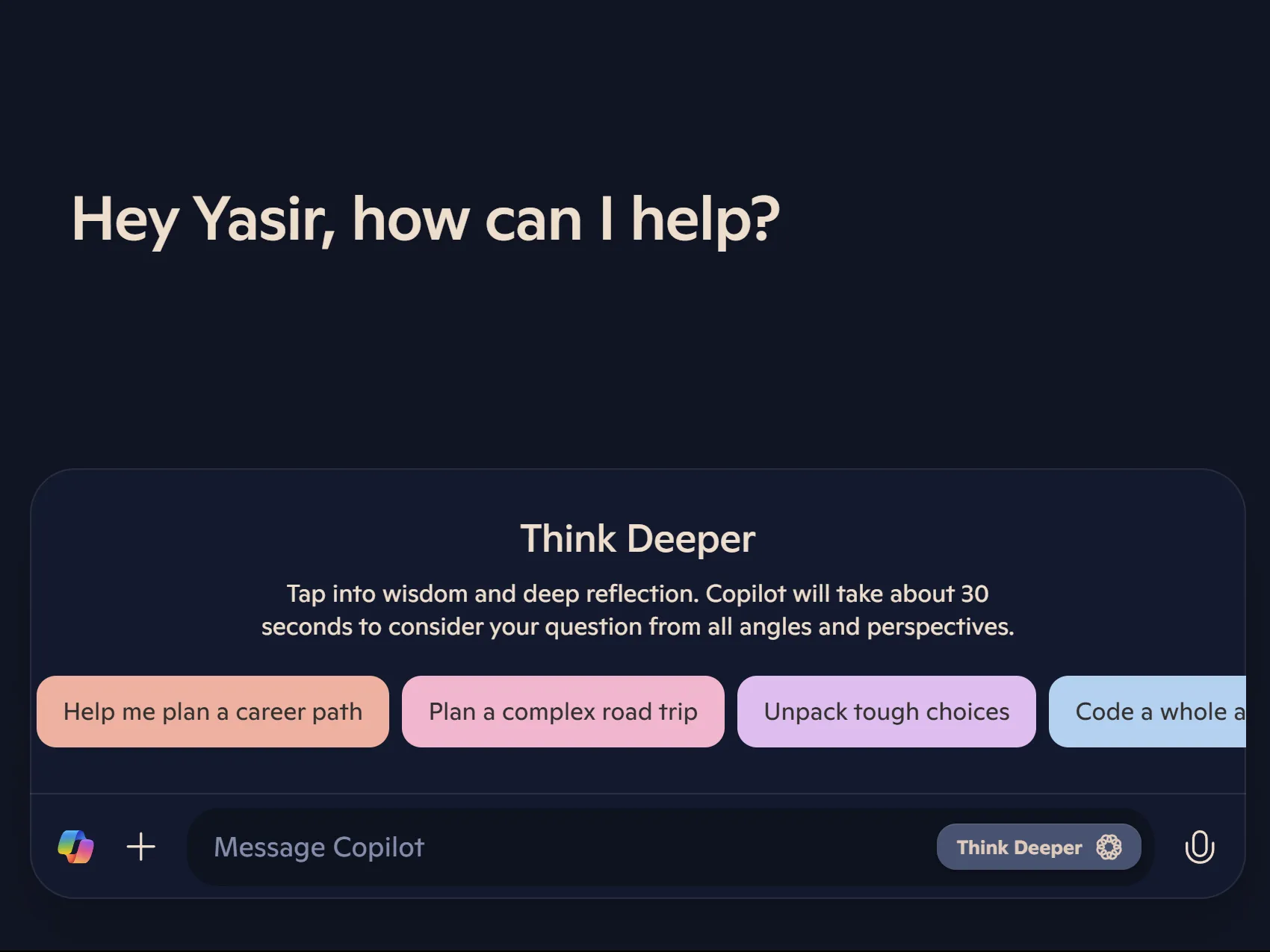 Microsoft Copilot với tính năng Think Deeper đã bật