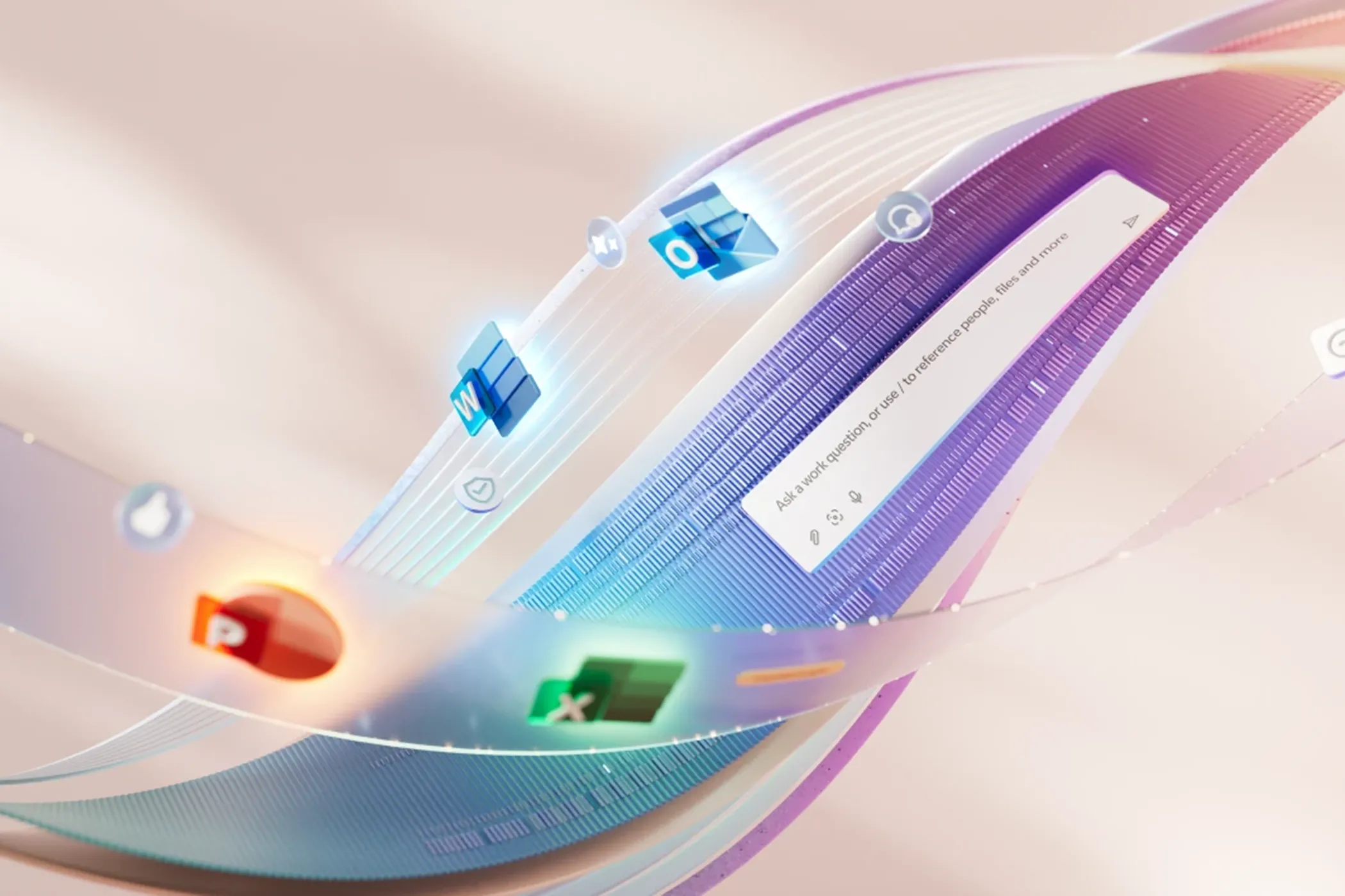 Minh họa các ứng dụng Microsoft 365 và cửa sổ Copilot, thể hiện sự tích hợp và tính năng nâng cao