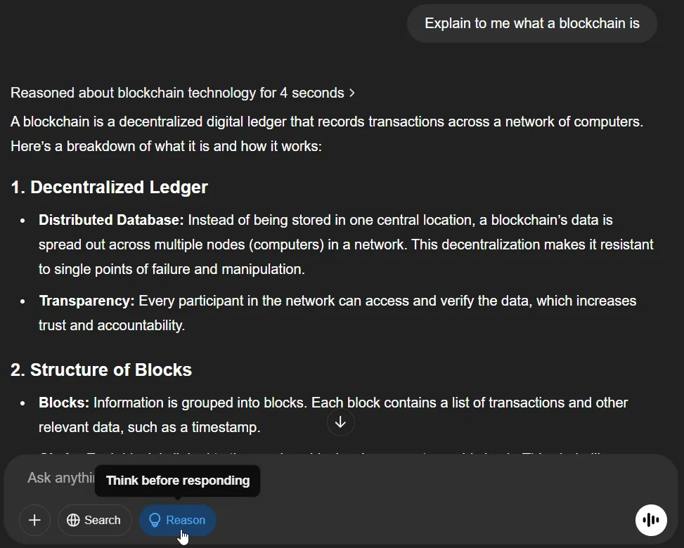 Minh họa ChatGPT giải thích công nghệ blockchain một cách chi tiết và dễ hiểu, thể hiện khả năng suy luận sâu sắc