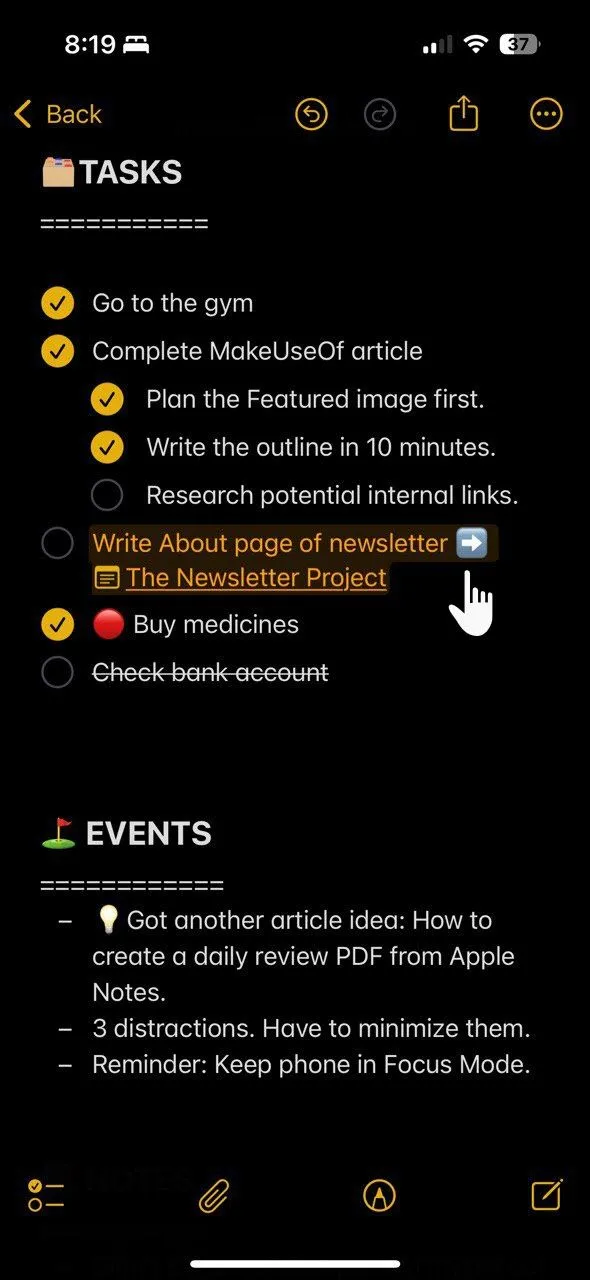 Minh họa nguyên tắc di chuyển nhiệm vụ có chủ đích (intentional migration) trong Bullet Journal trên Apple Notes, giúp theo dõi và ưu tiên công việc.