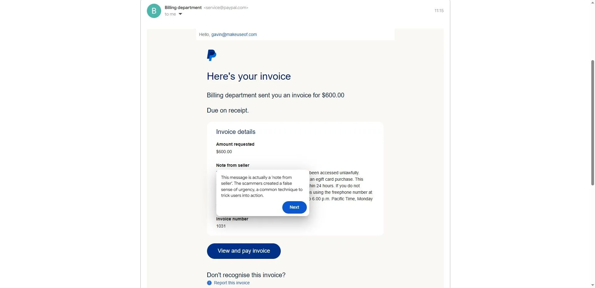 Mô phỏng email lừa đảo PayPal trong Google Phishing Quiz, minh họa các dấu hiệu cần cảnh giác