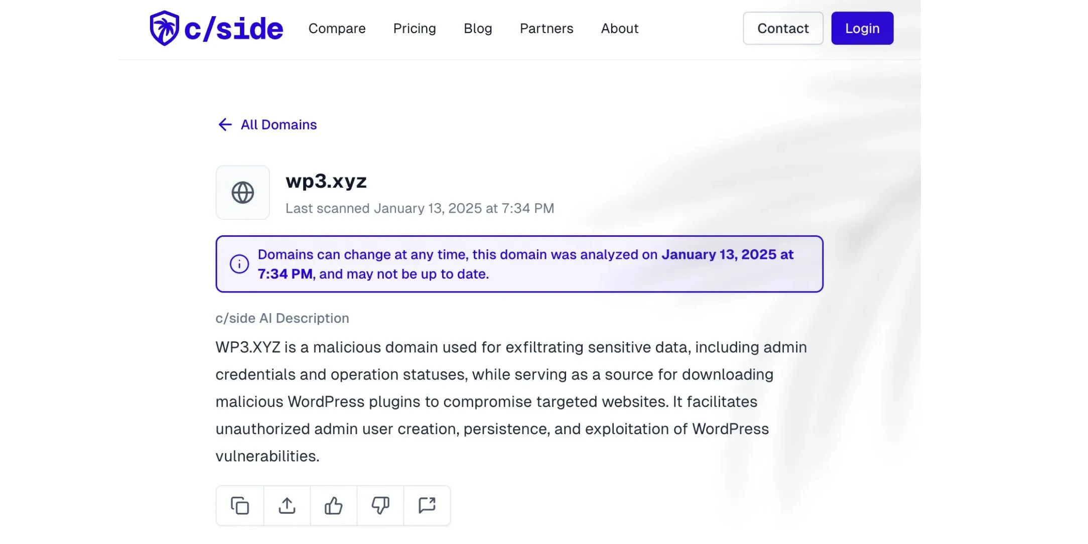 Mô tả tên miền mã độc WP3.XYZ trong báo cáo của c/side về tấn công WordPress