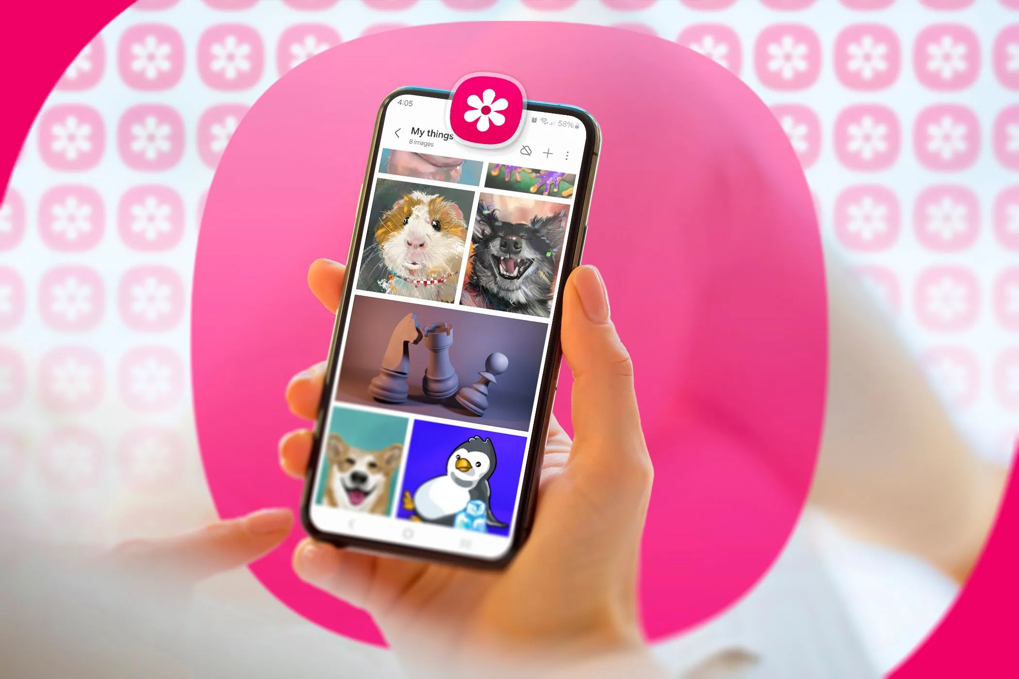 Một bàn tay cầm điện thoại với ứng dụng Samsung Gallery đang mở và logo của nó ở phía trên cùng của thiết bị.