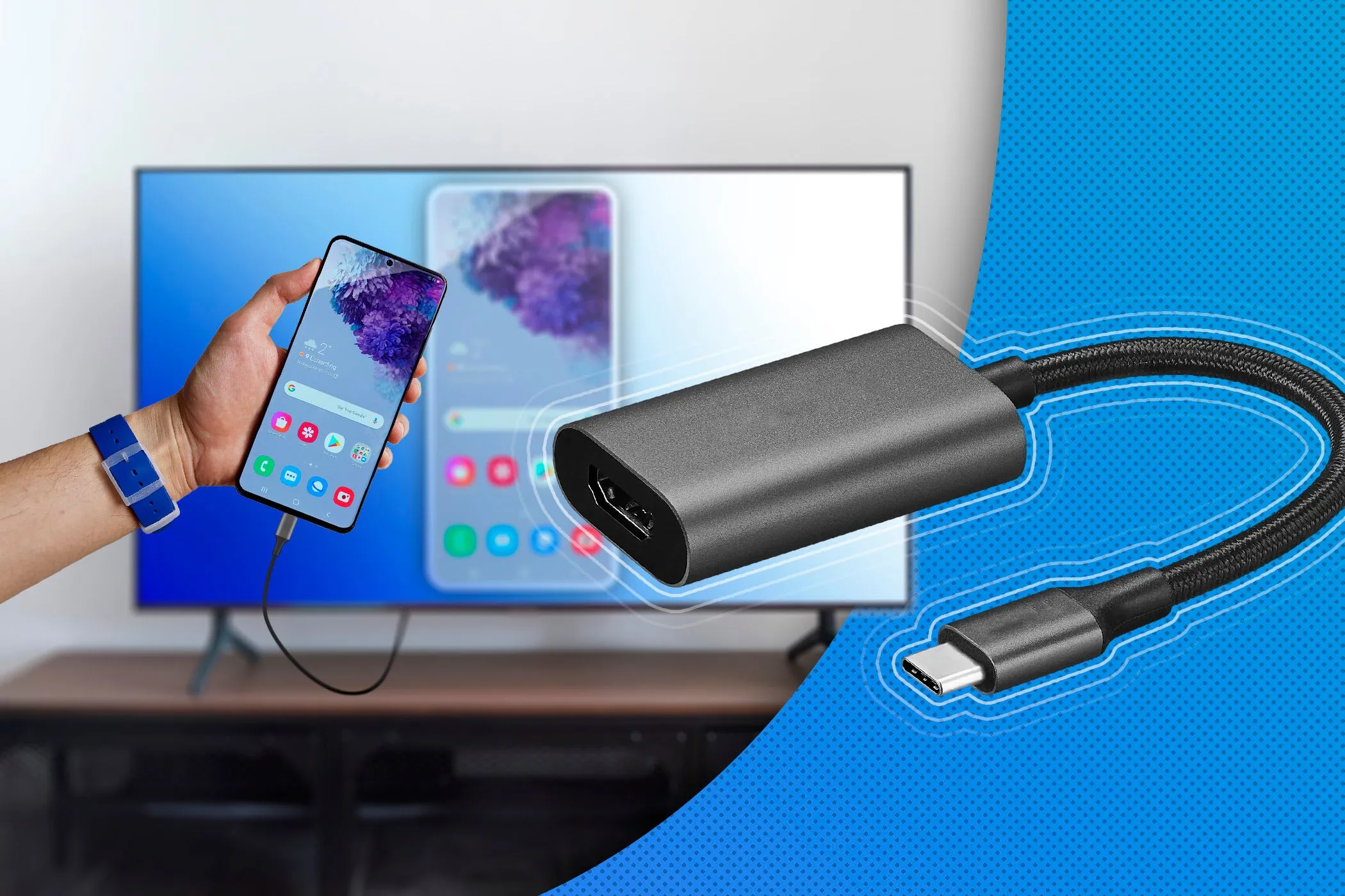 Một chiếc điện thoại thông minh đang kết nối với TV qua cáp USB-C sang HDMI