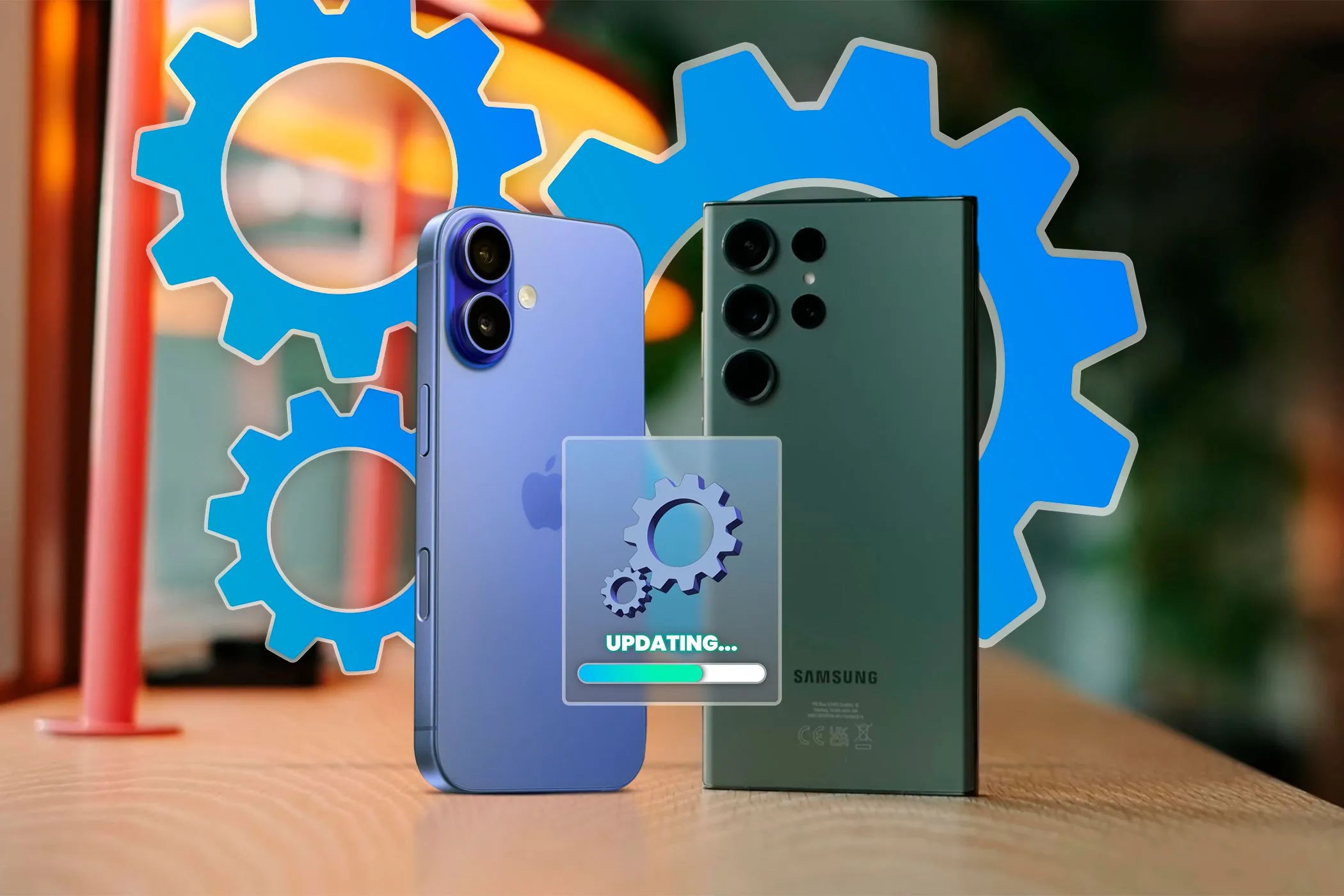 Một chiếc iPhone bên cạnh Samsung Galaxy với biểu tượng cập nhật phần mềm và bánh răng ở nền