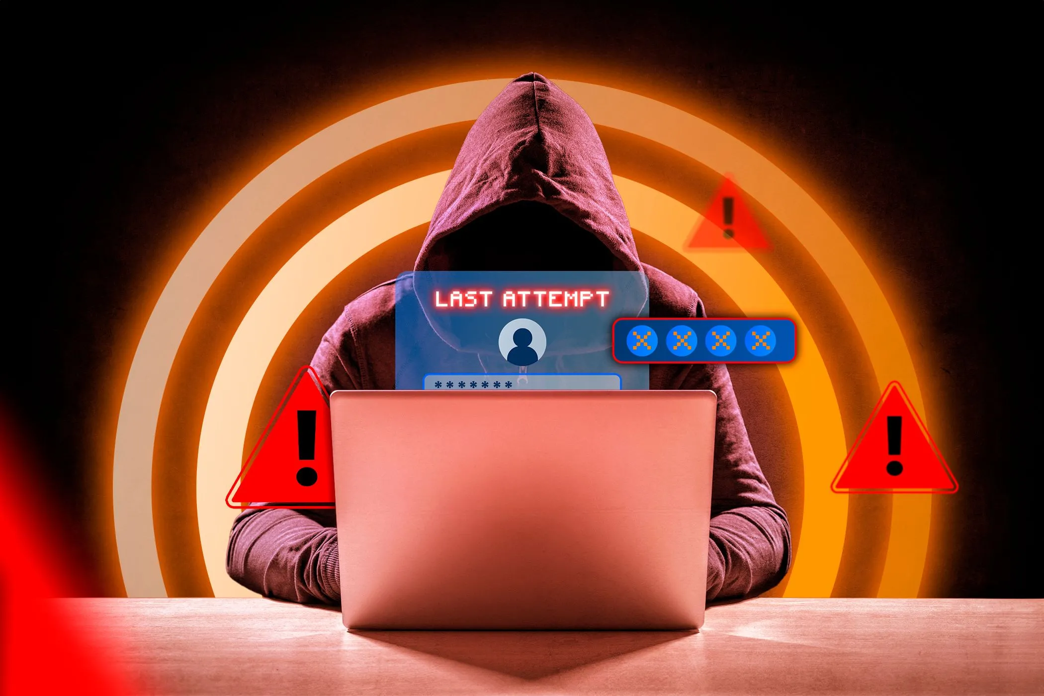Một hacker đang cố gắng truy cập tài khoản thông qua cửa sổ đăng nhập, minh họa nguy cơ rò rỉ thông tin từ câu hỏi bảo mật