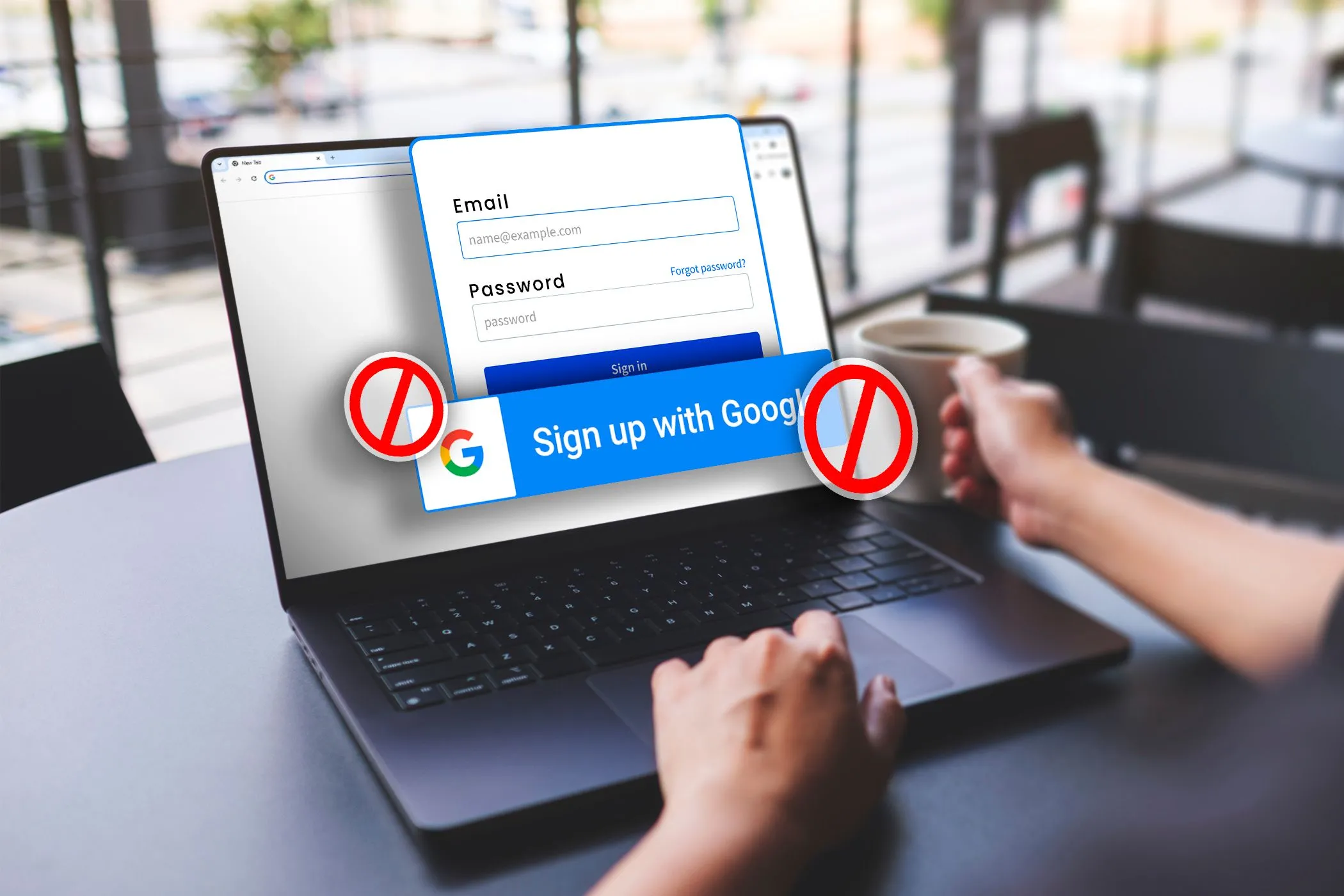 Một người đang dùng laptop, màn hình hiển thị cửa sổ đăng nhập với lựa chọn 'Đăng ký bằng Google' bị gạch bỏ, nhấn mạnh việc tạo tài khoản ẩn danh và bảo mật.
