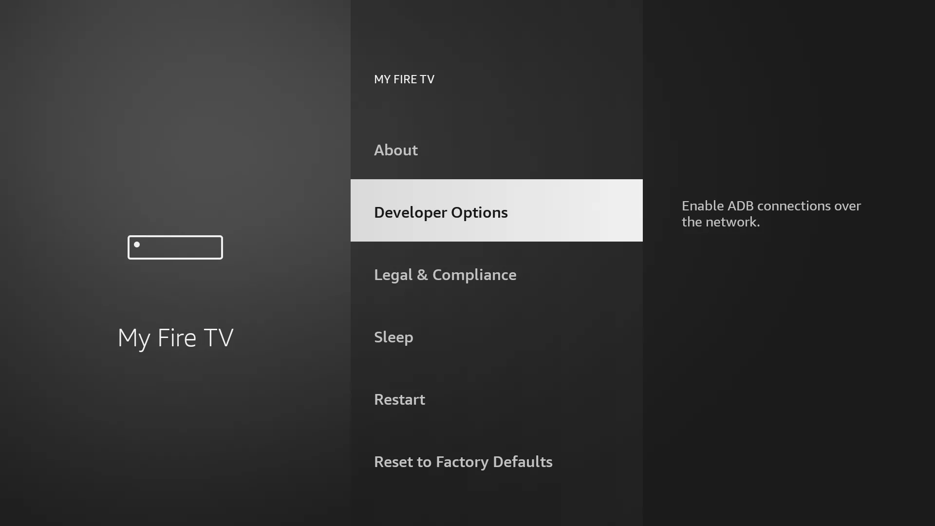 Mục Tùy chọn nhà phát triển (Developer Options) được bật và hiển thị trong cài đặt My Fire TV