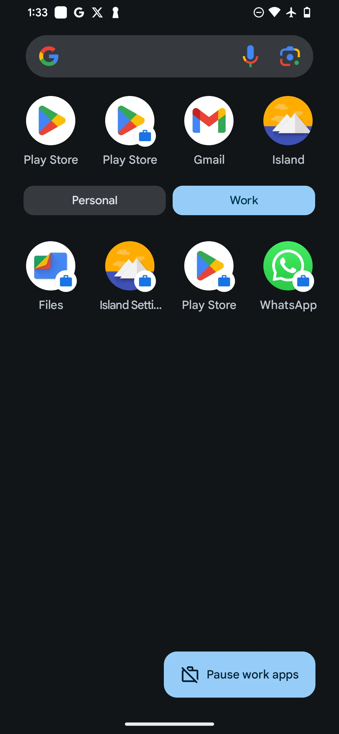 Ngăn kéo ứng dụng Android hiển thị phần &quot;Kênh công việc&quot; với các ứng dụng đã được nhân bản bởi Island