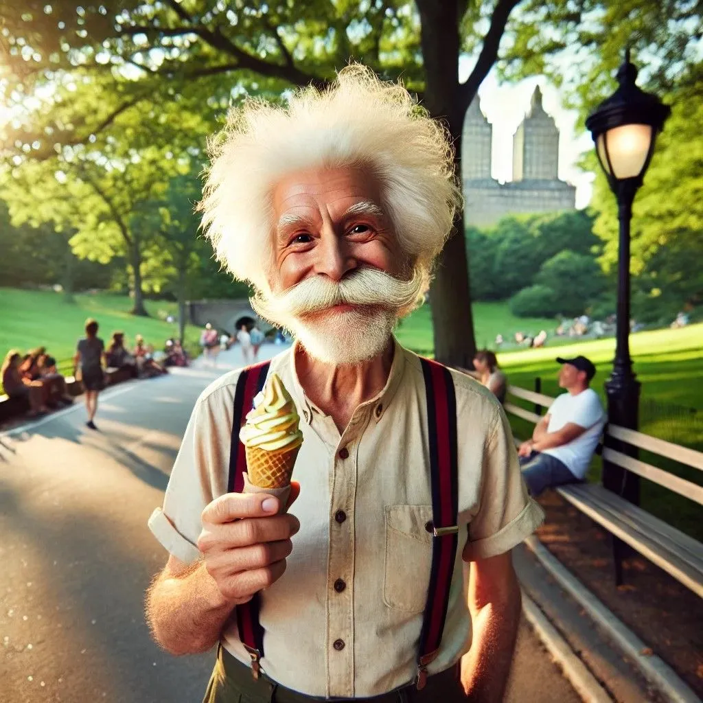 Người đàn ông giống Einstein đang ăn kem trong Công viên Trung tâm, hình ảnh do DALL-E tạo