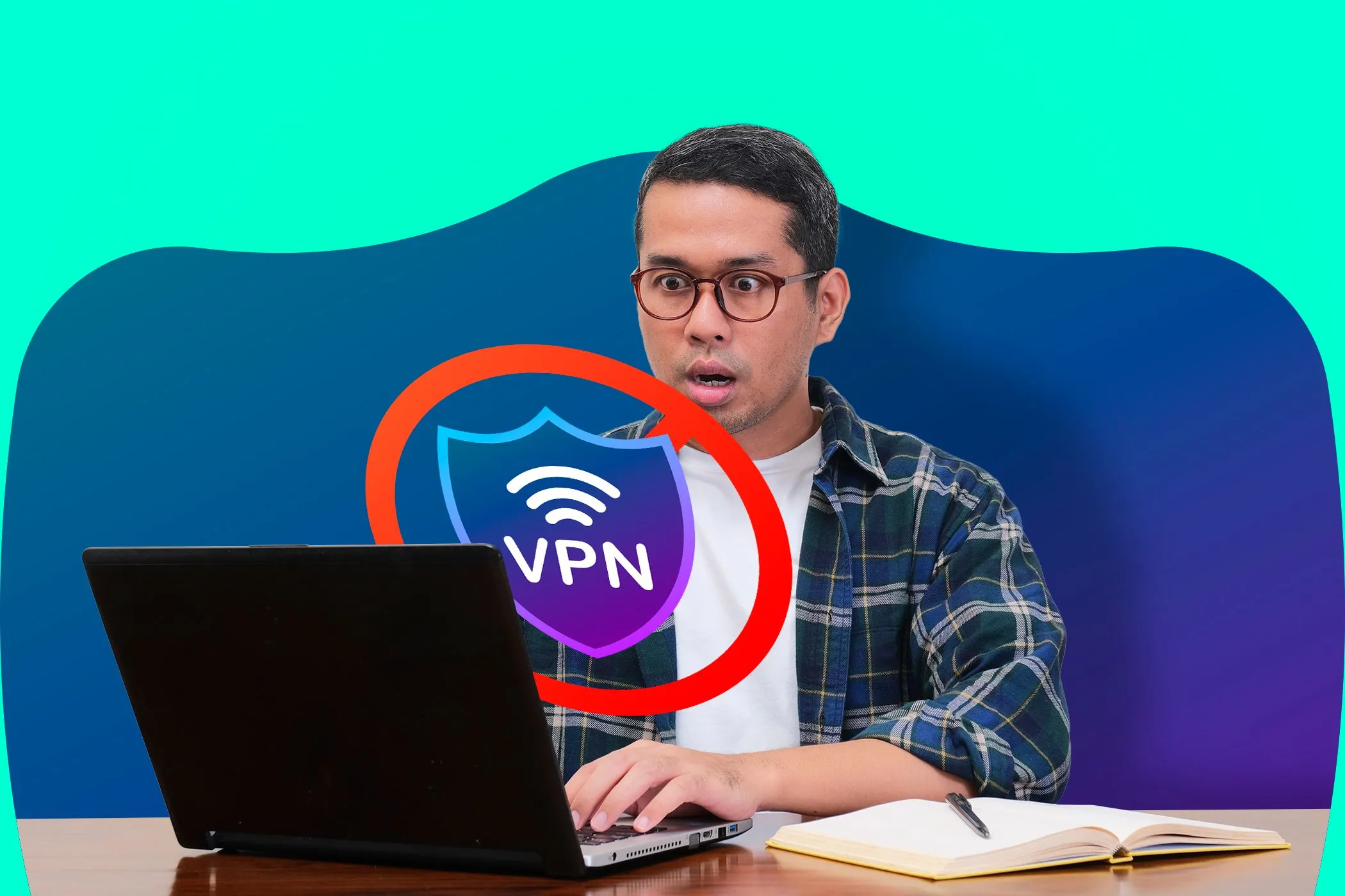 Người đàn ông ngạc nhiên nhìn màn hình máy tính có biểu tượng VPN, thể hiện sự ảnh hưởng của việc sử dụng VPN đến tốc độ internet khi thực hiện kiểm tra.