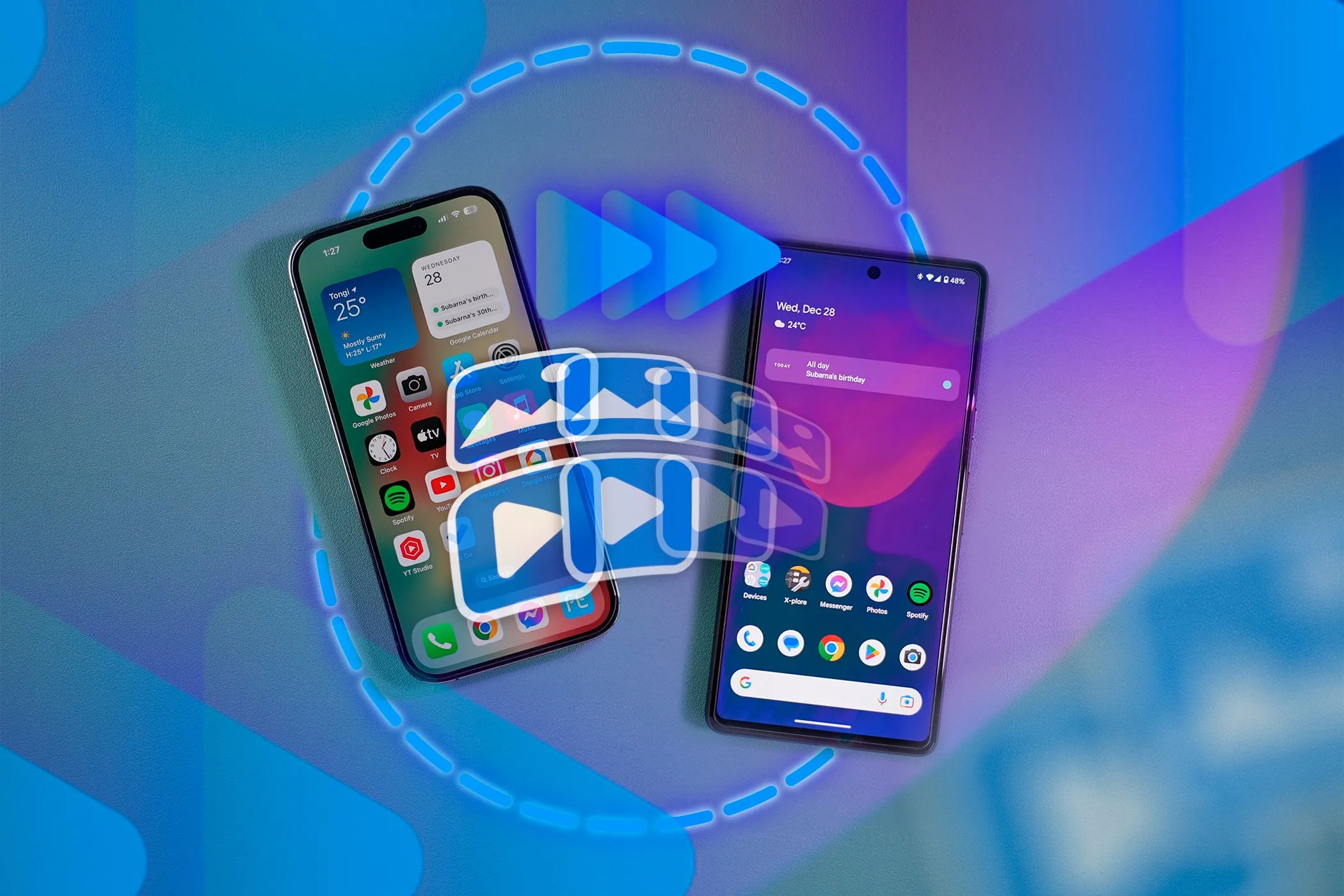 Người dùng chuyển ảnh và video giữa iPhone và Android, minh họa việc chia sẻ dữ liệu.
