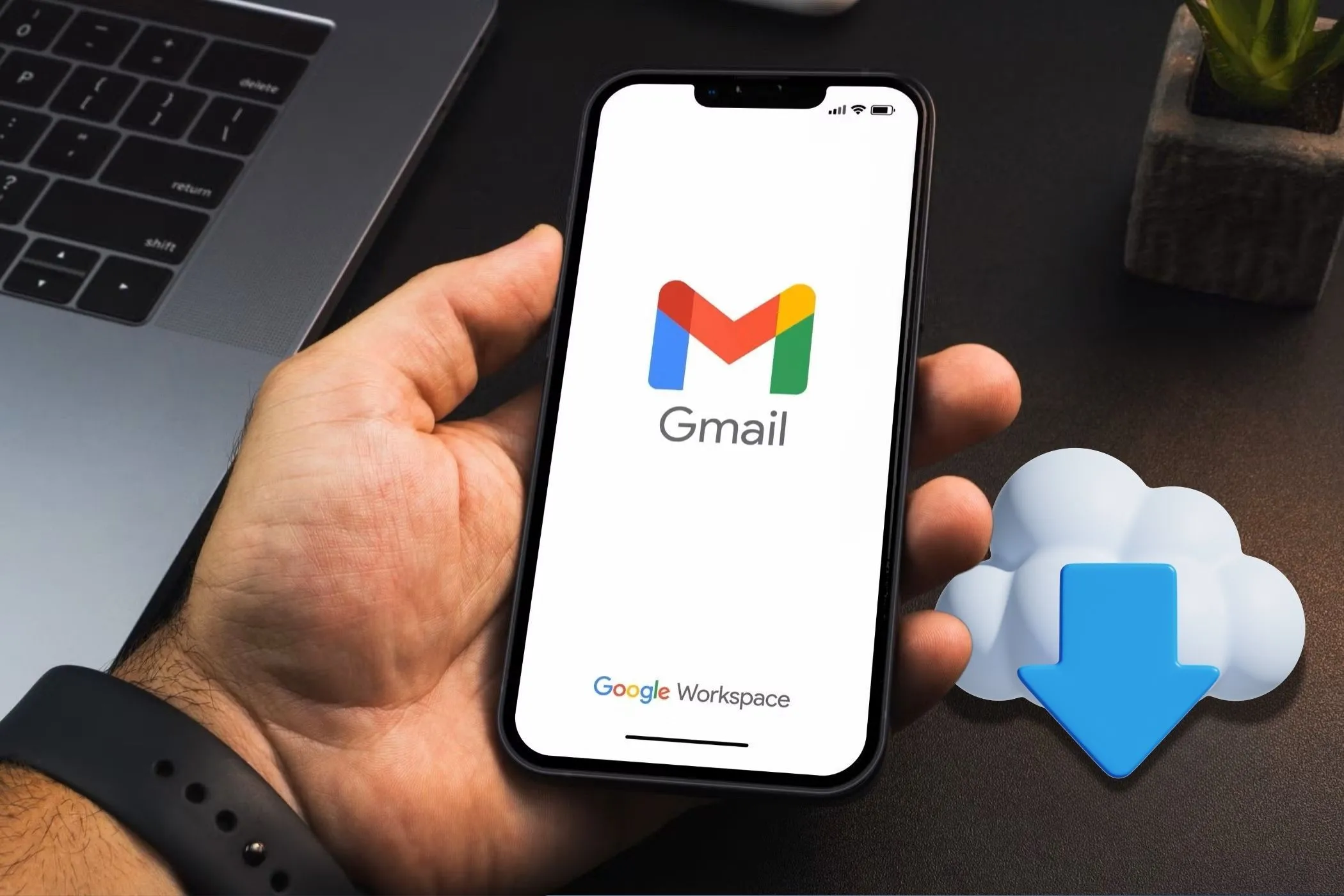 Người dùng đang xem email trên điện thoại, biểu tượng tải xuống gợi ý thao tác sao lưu dữ liệu email