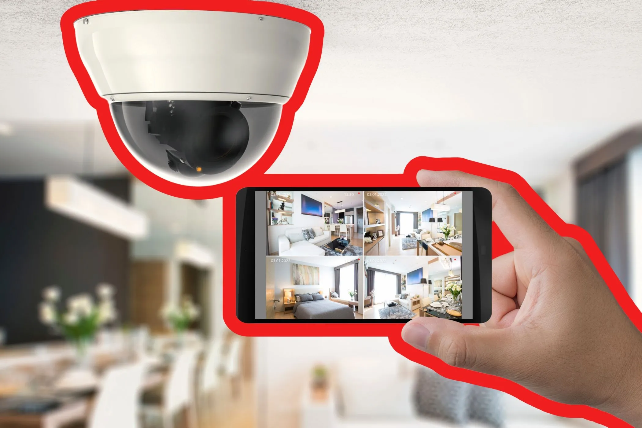 Người dùng đang xem nguồn cấp dữ liệu video trên điện thoại thông minh gần camera an ninh thông minh