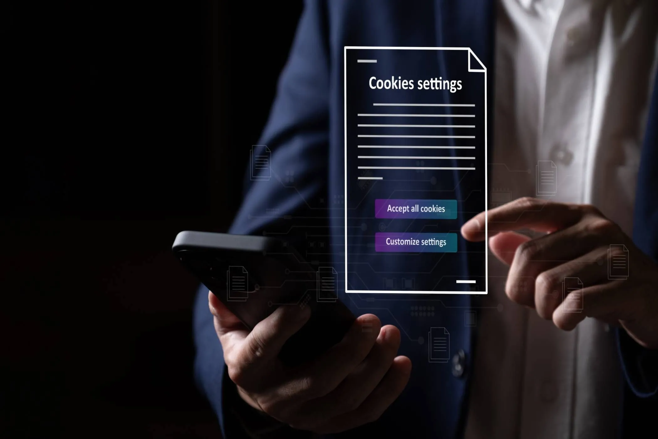 Người dùng điện thoại Android đang xem các tùy chọn cài đặt quyền riêng tư và chấp thuận cookie, trong bối cảnh nguy cơ bị theo dõi bởi Meta Pixel.