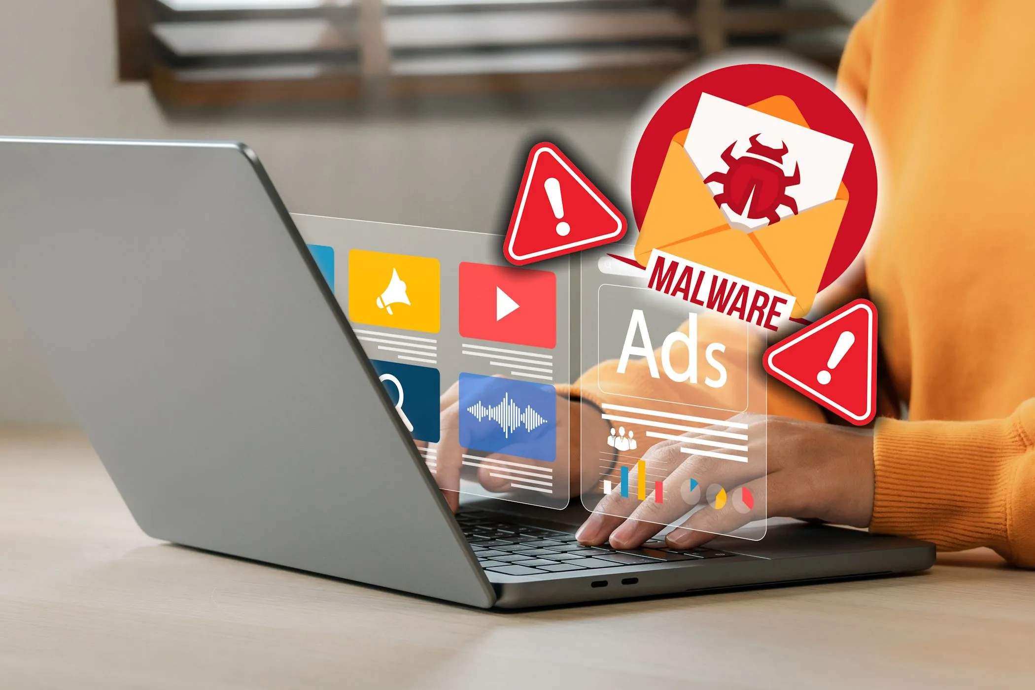 Người dùng máy tính xách tay với cảnh báo phần mềm độc hại (malware) trên màn hình, tượng trưng cho nguy cơ backdoor.