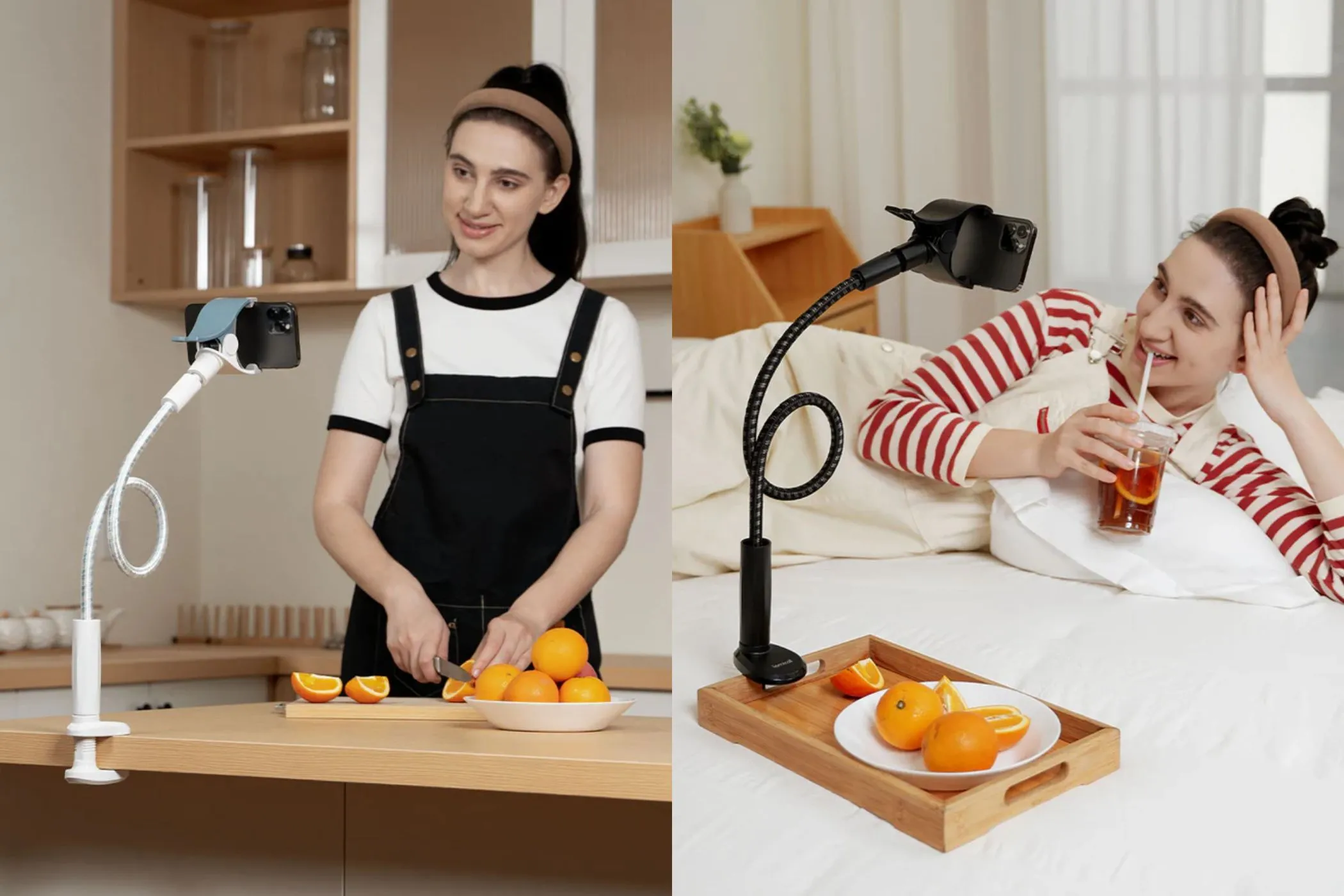 Người dùng thư giãn với giá đỡ điện thoại cổ ngỗng Lamicall khi nấu ăn và xem phim