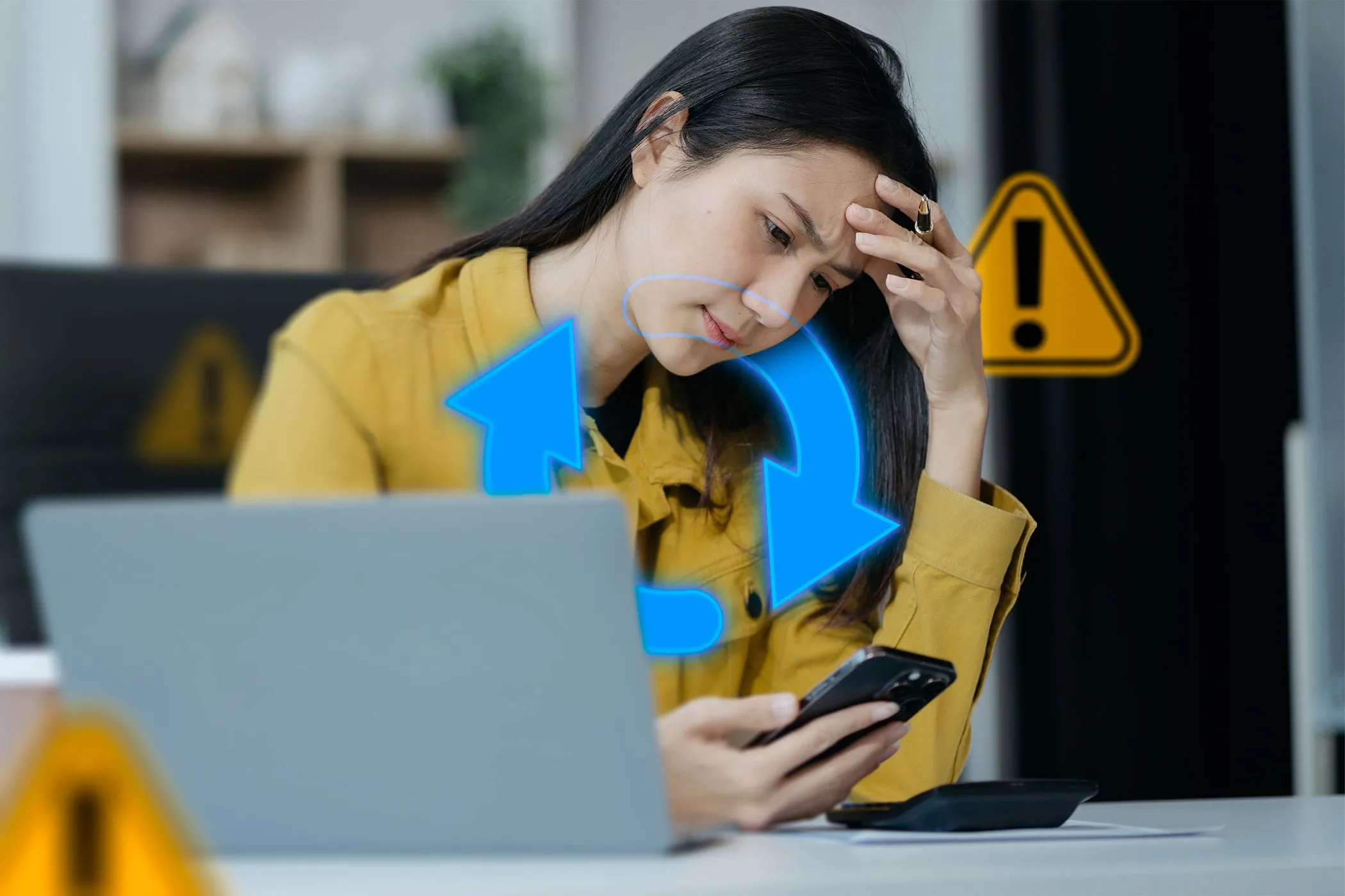 Người phụ nữ lo lắng nhìn điện thoại, laptop trên bàn có biểu tượng đồng bộ