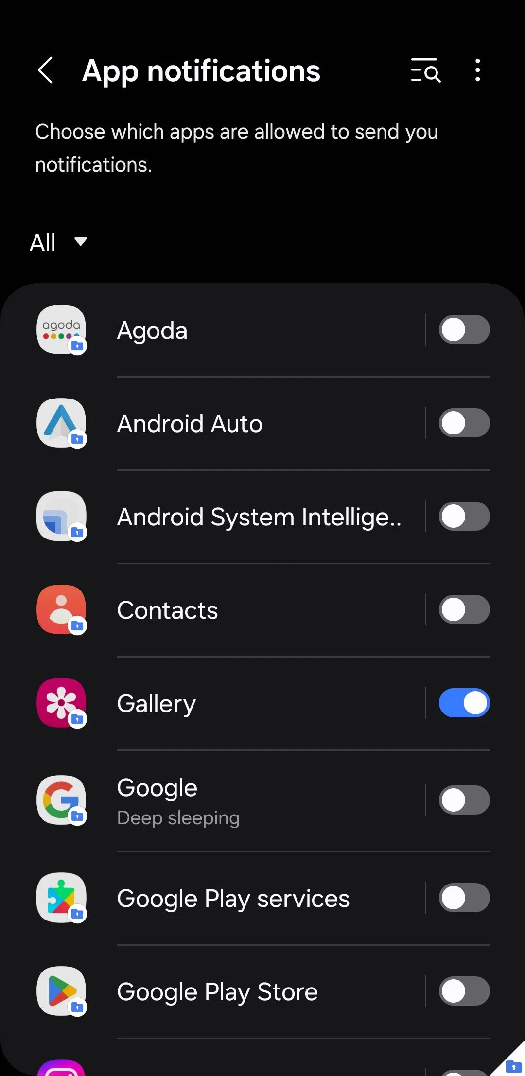 Notification settings for Secure Folder apps on Samsung phone
