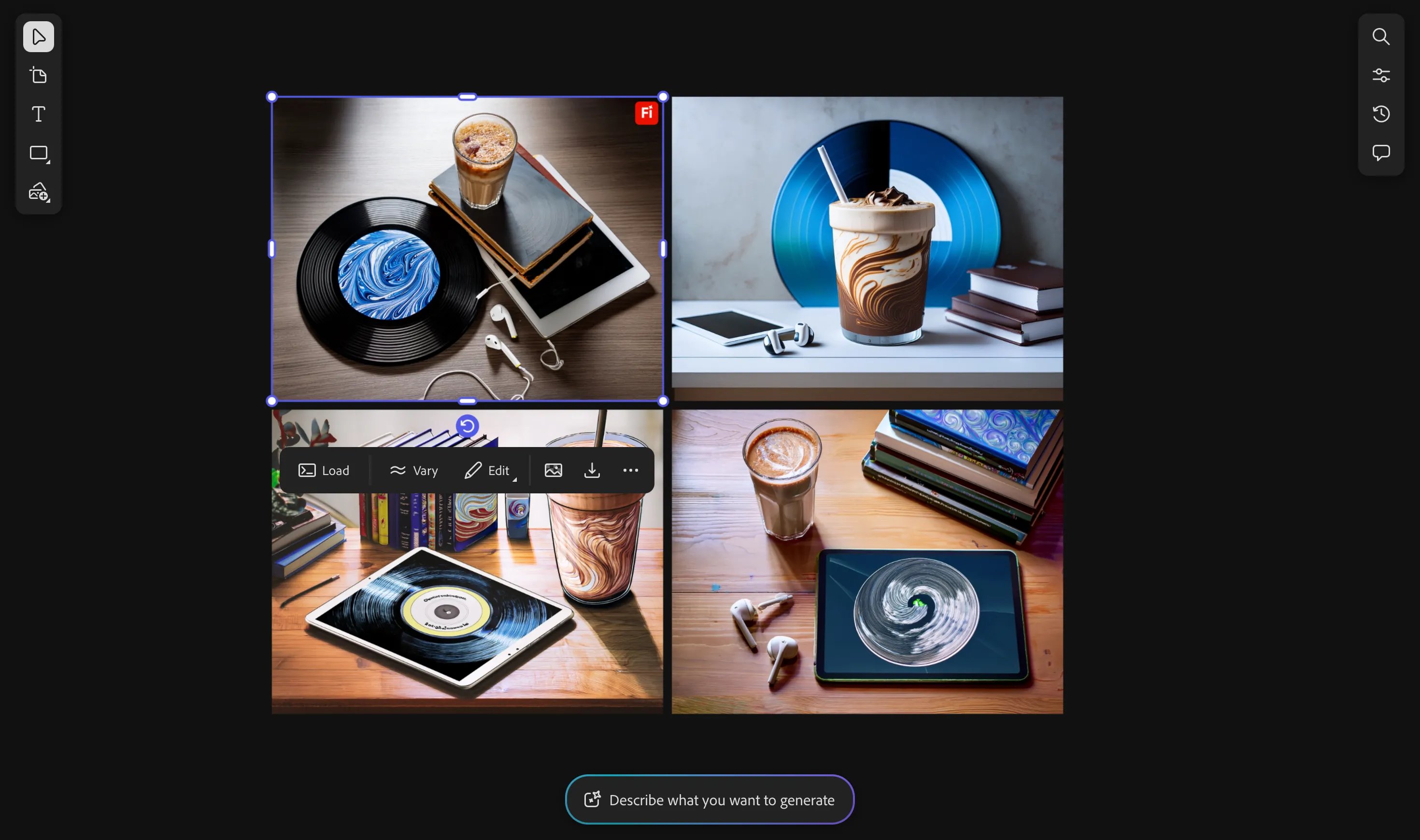 Nút &quot;Load&quot; xuất hiện trong thanh công cụ của Adobe Firefly Boards khi một hình ảnh được chọn, cho phép tải lại prompt gốc.