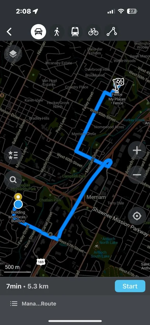 Organic Maps hiển thị khoảng cách và tuyến đường giữa hai điểm với hướng dẫn chi tiết