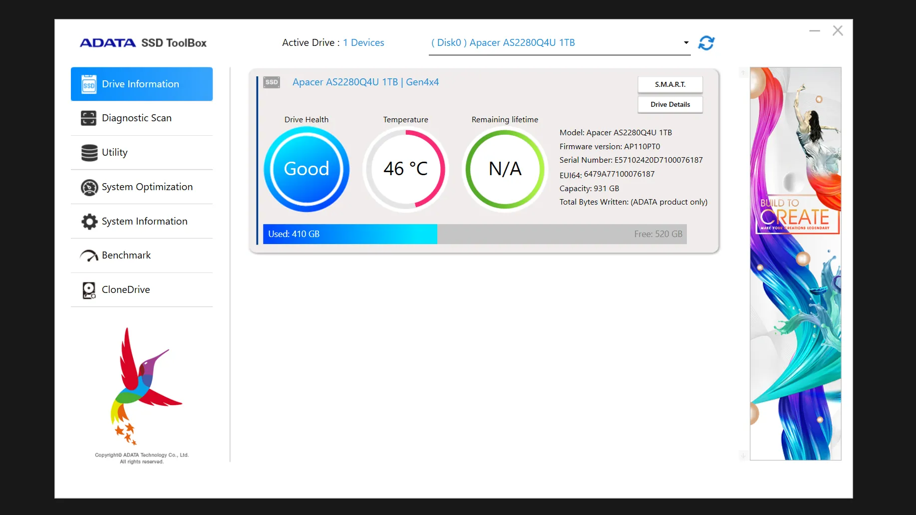 Phần mềm ADATA SSD Toolbox hiển thị trạng thái sức khỏe và thông tin chi tiết của ổ cứng SSD NVMe
