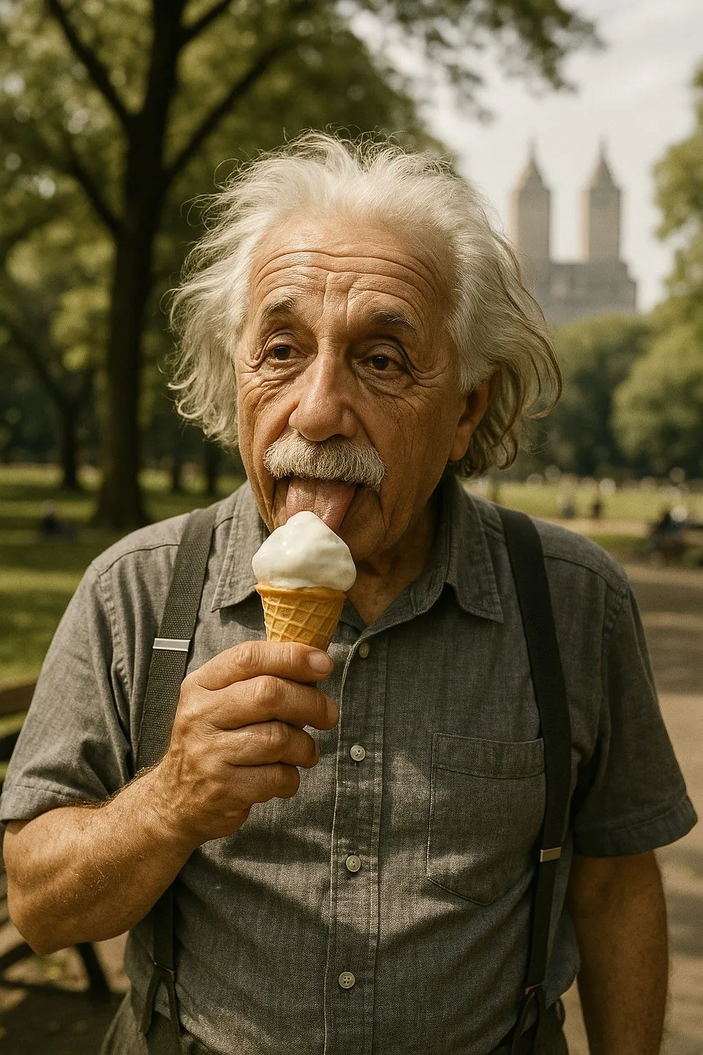 Phiên bản cải tiến hình ảnh người đàn ông giống Einstein ăn kem tại Central Park, do GPT-4o của ChatGPT tạo