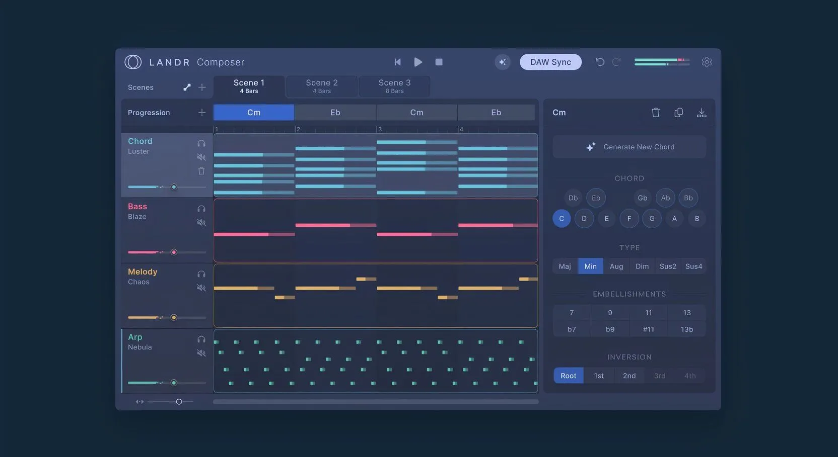Plugin LANDR Composer trong DAW, hiển thị các yếu tố cấu thành bài hát như hợp âm, bassline, giai điệu, minh họa khả năng sáng tác nhạc AI chuyên nghiệp.