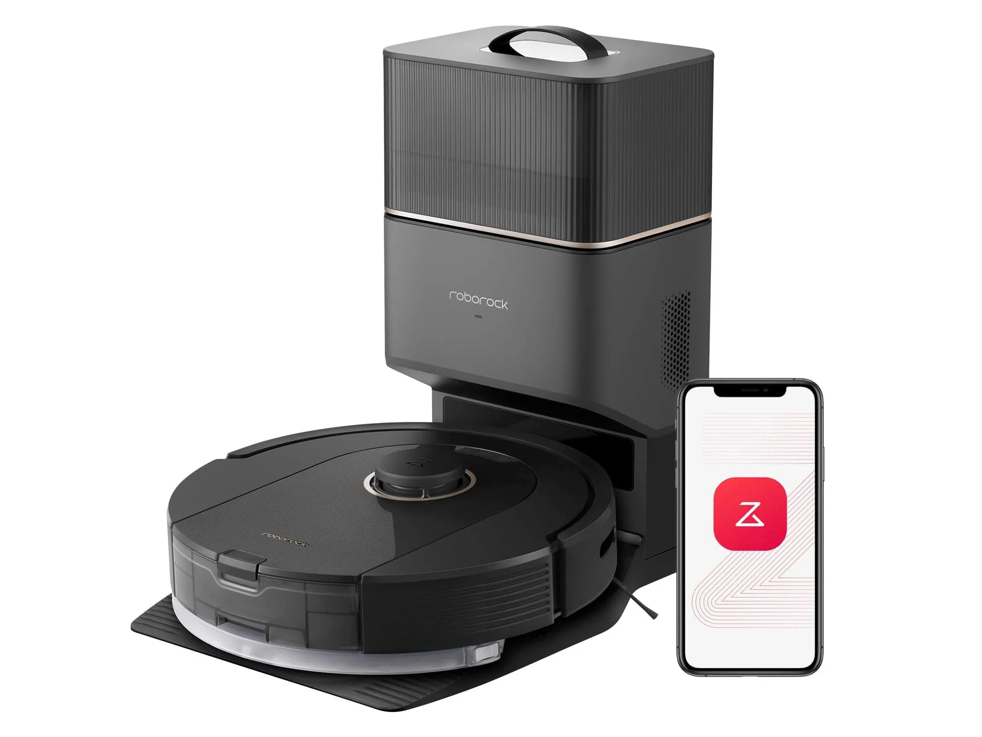 Robot hút bụi lau nhà Roborock Q5 Pro+ với trạm sạc và đổ rác tự động, thể hiện sự tiện lợi trong việc dọn dẹp.