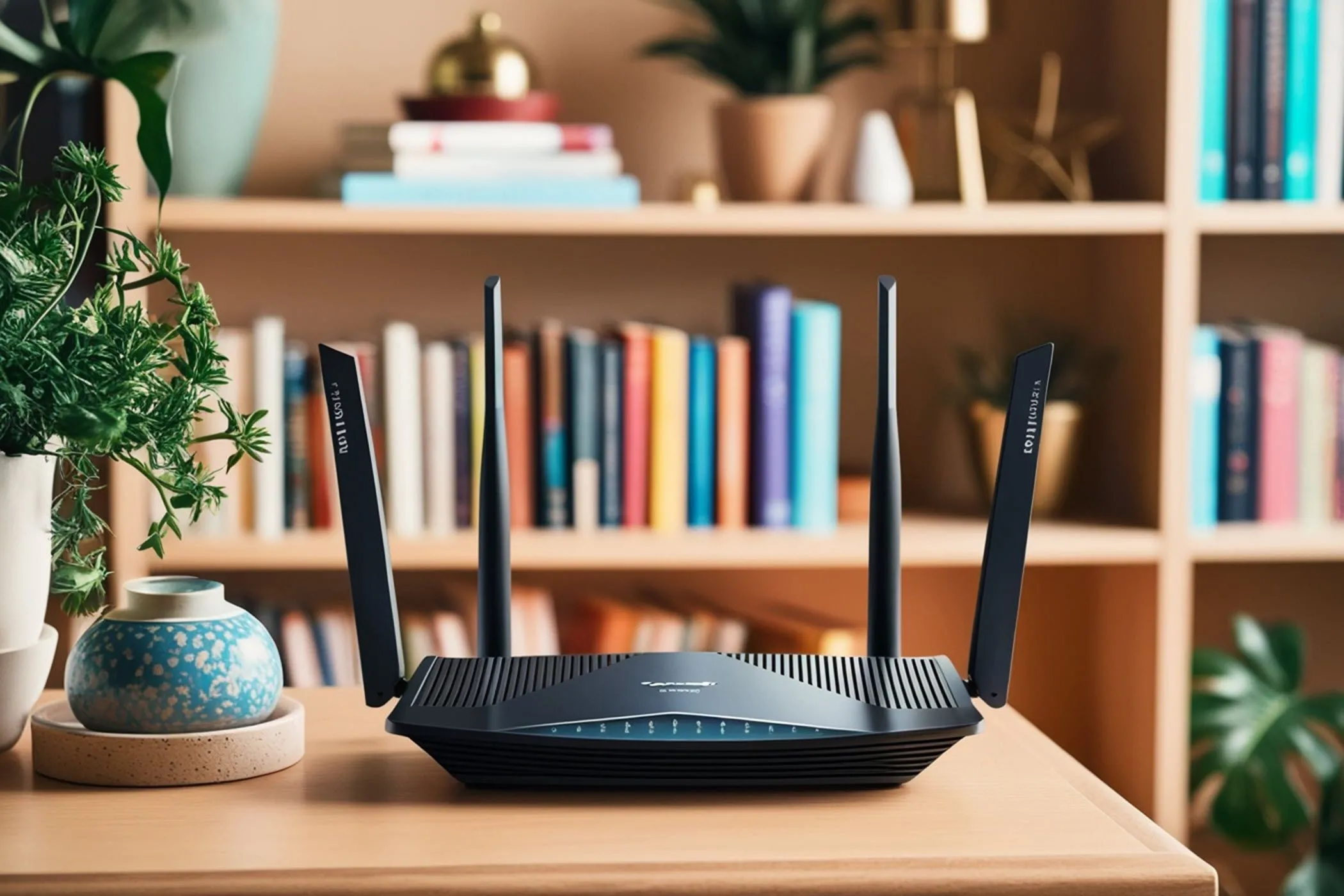 Router Wi-Fi hiện đại với bốn ăng-ten, biểu tượng cho các tùy chỉnh cài đặt bảo mật mạng nâng cao như WPA3, vô hiệu hóa WPS và UPnP.