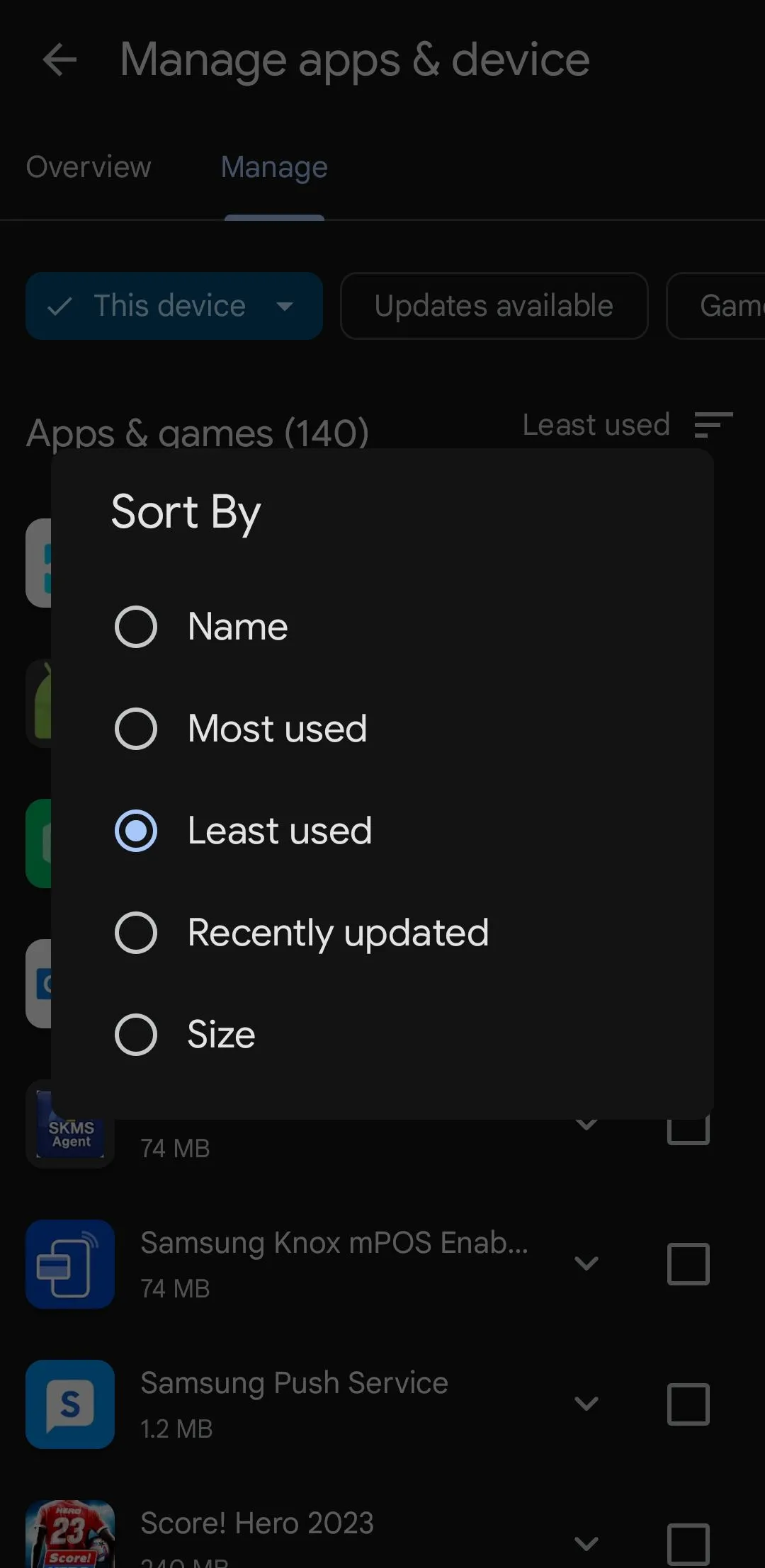 Sắp xếp ứng dụng trong Google Play Store để tìm các ứng dụng ít dùng nhất trên điện thoại Samsung