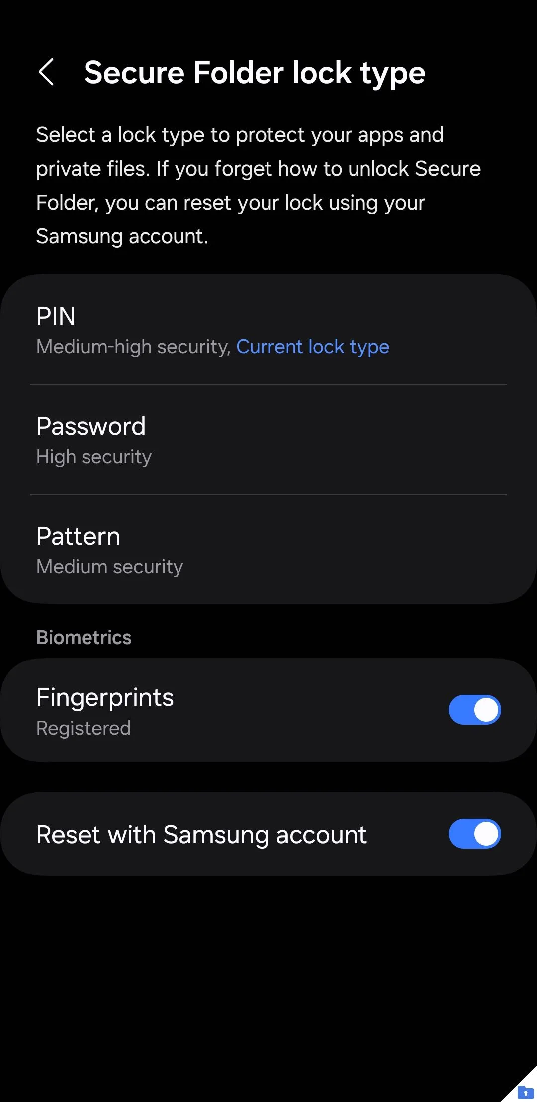 Secure Folder lock type menu options on Samsung phone