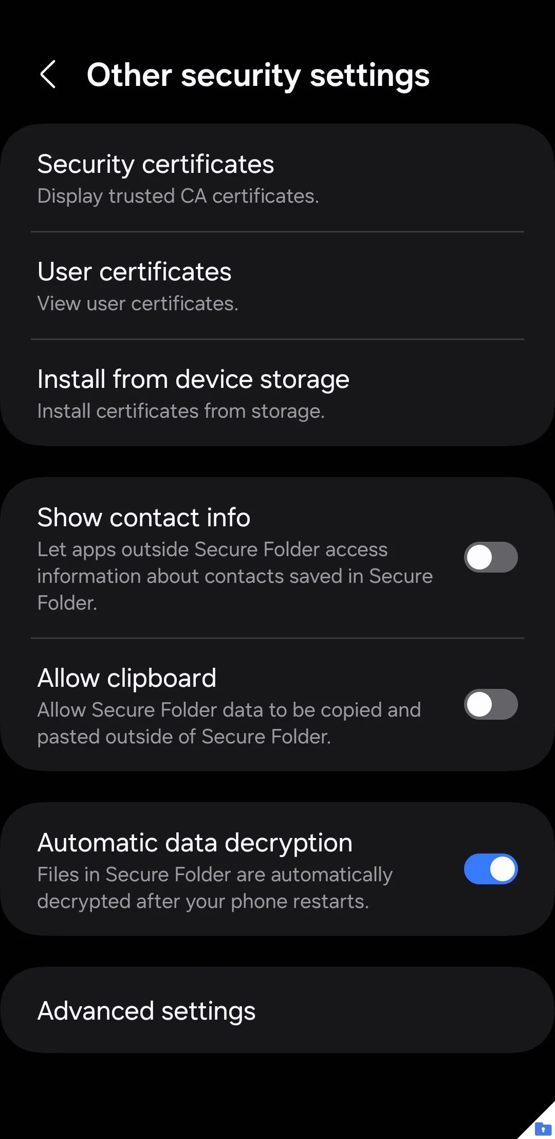Secure Folder security settings menu on Samsung phone