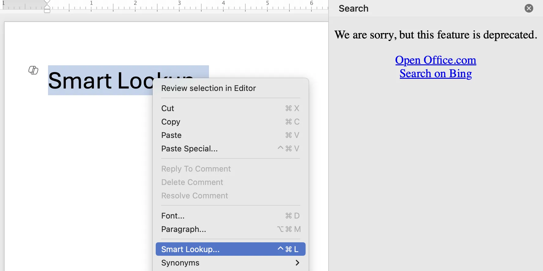Smart Lookup vẫn hiển thị trong menu chuột phải của Microsoft Word nhưng không hoạt động