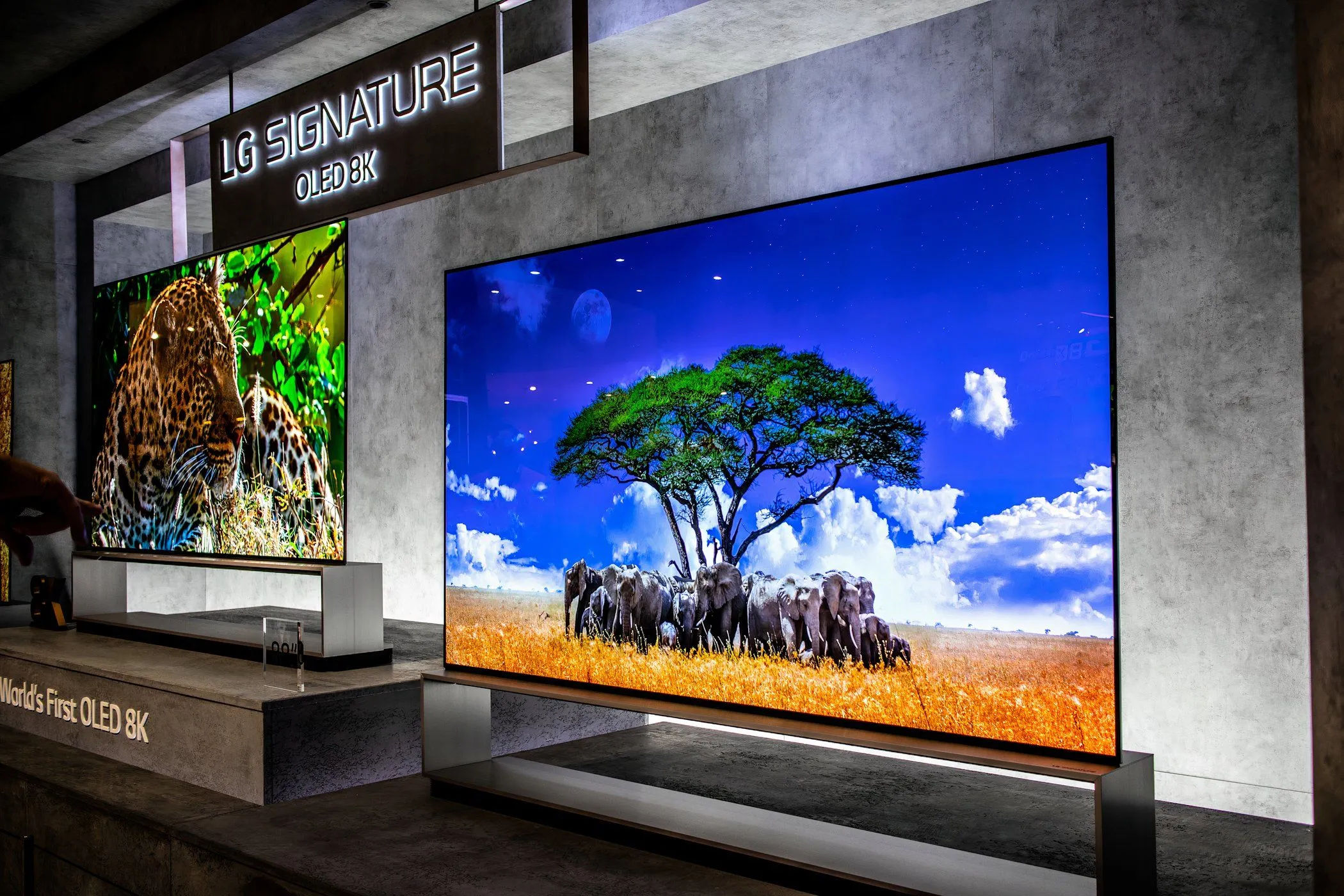 Smart TV LG trên chân đế tại triển lãm công nghệ, sẵn sàng trình chiếu ảnh từ USB.