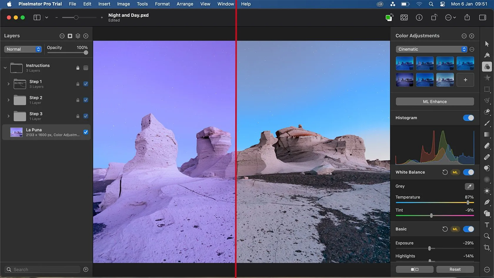 So sánh ảnh trước và sau khi sử dụng tính năng ML Enhance của Pixelmator Pro