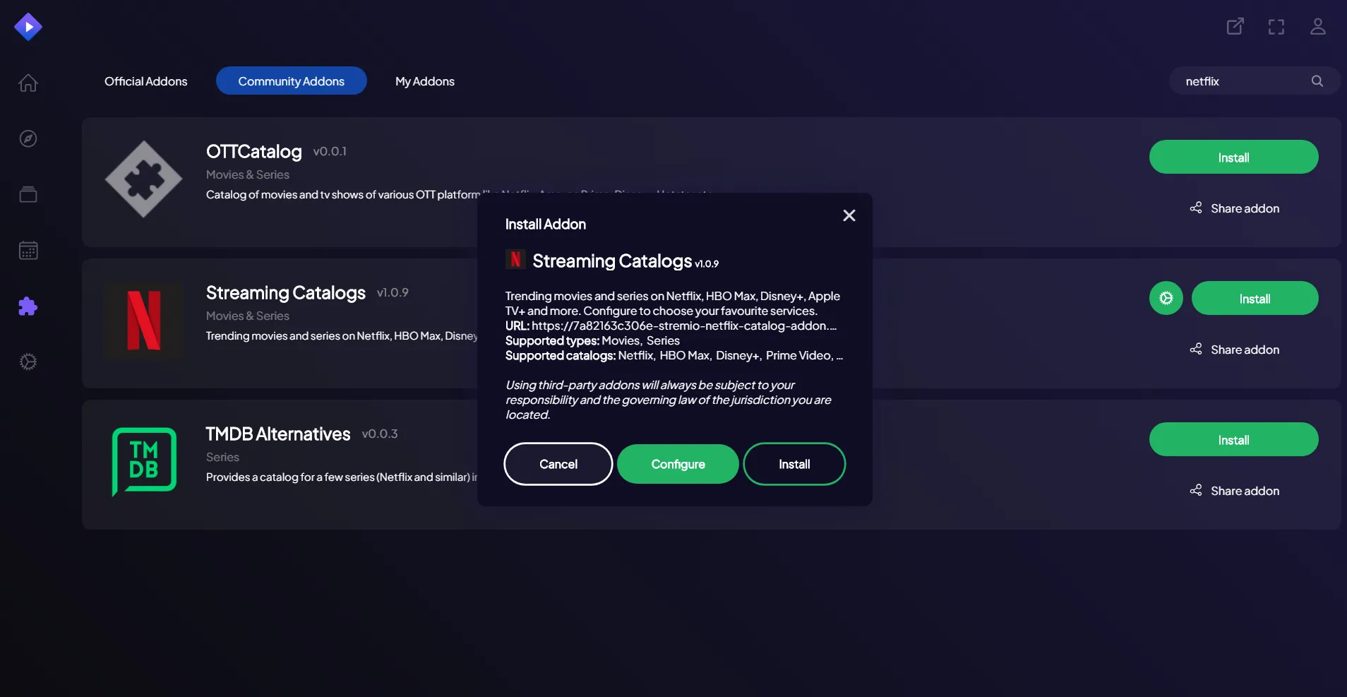 Stremio hiển thị nội dung Netflix, minh họa khả năng tổng hợp nguồn streaming.