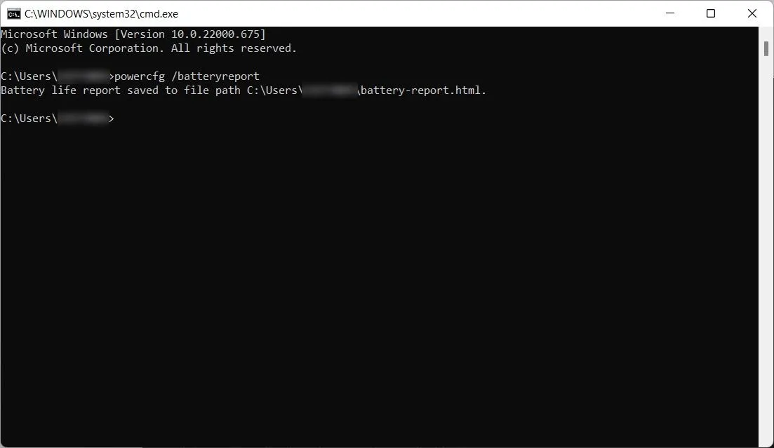 Sử dụng lệnh powercfg /batteryreport trong Command Prompt để tạo báo cáo tình trạng pin laptop