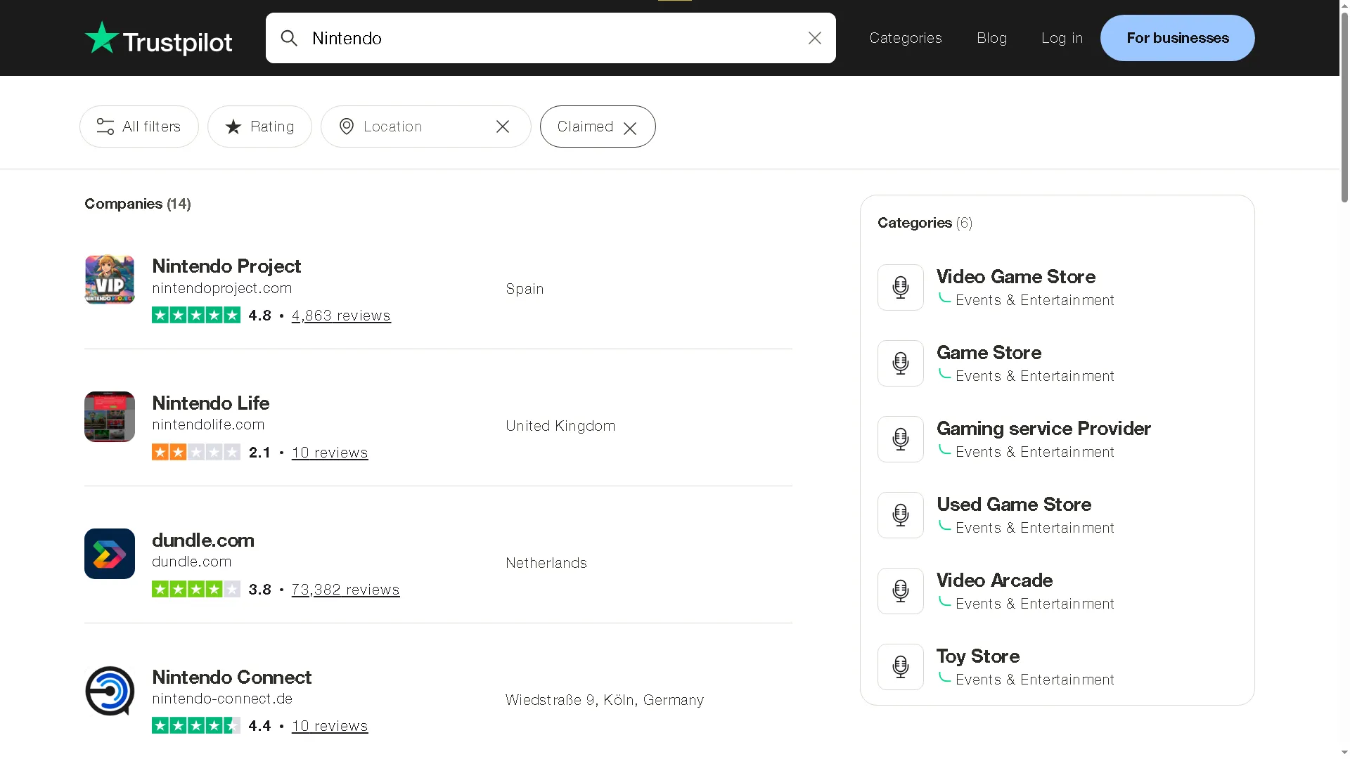Sử dụng Trustpilot để tìm kiếm đánh giá doanh nghiệp về Nintendo