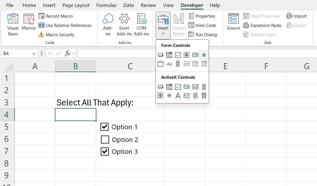 Tab Developer trong Excel hiển thị các hộp kiểm