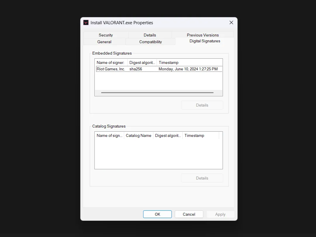 Tab Digital Signatures trong phần Properties của một file phần mềm, cho phép kiểm tra chữ ký số của nhà phát triển