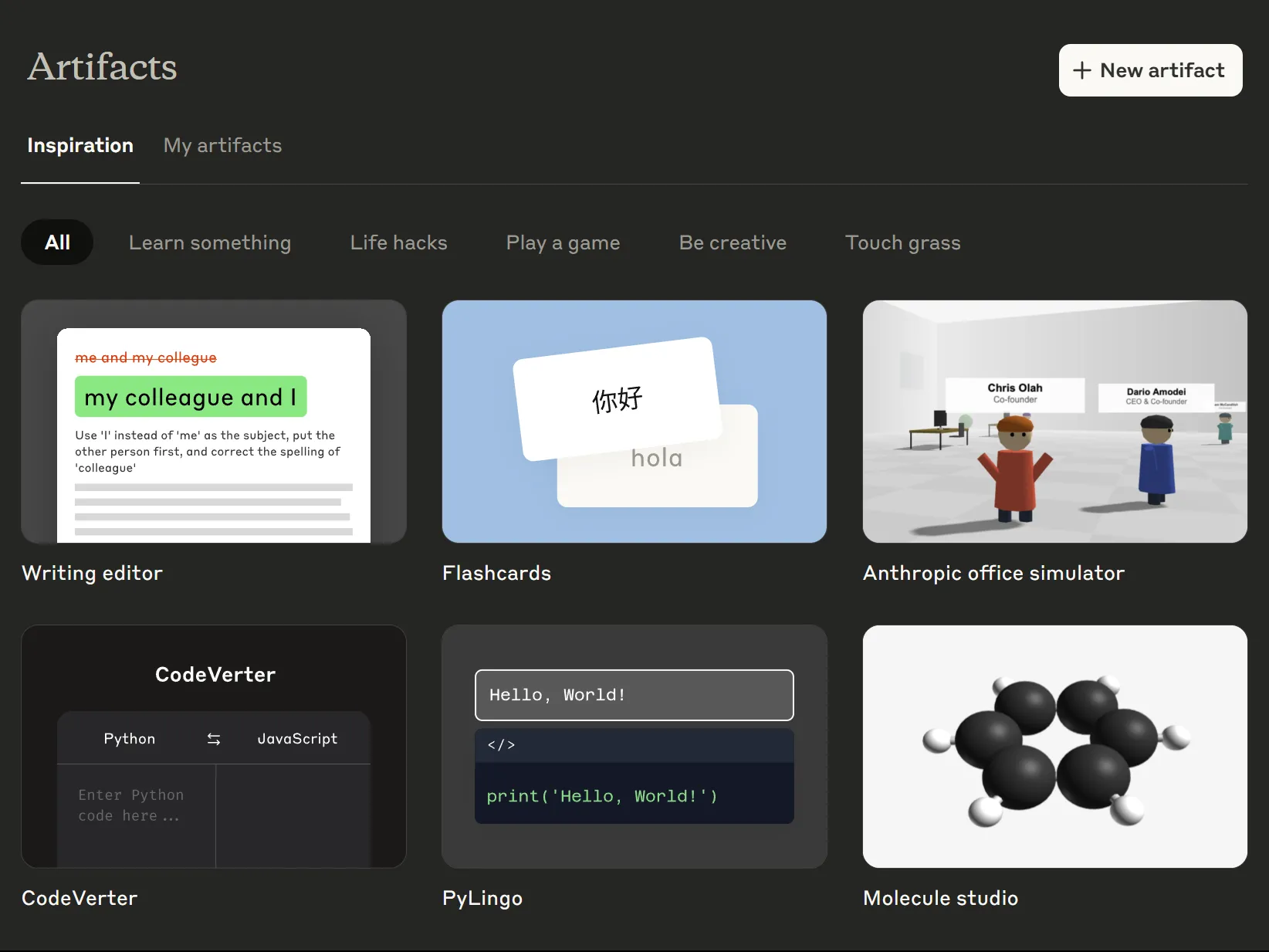 Tab &quot;Inspiration&quot; trong ứng dụng web Claude Artifacts, cho thấy các công cụ được tuyển chọn sẵn có của Claude.