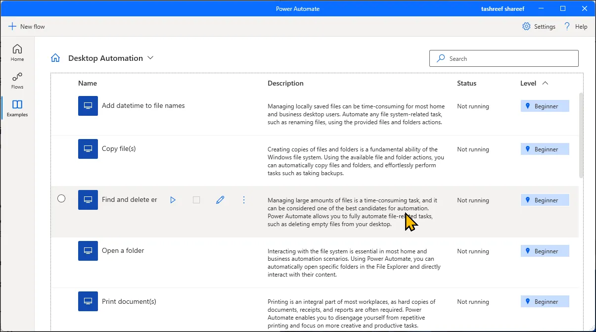 Tab Ví dụ trong Microsoft Power Automate trên Windows 11 giúp khám phá các luồng tự động hóa sẵn có