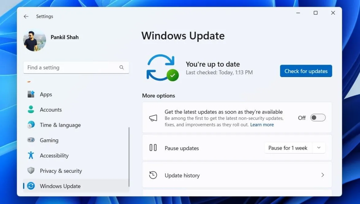 Tab Windows Update trong ứng dụng Cài đặt của Windows