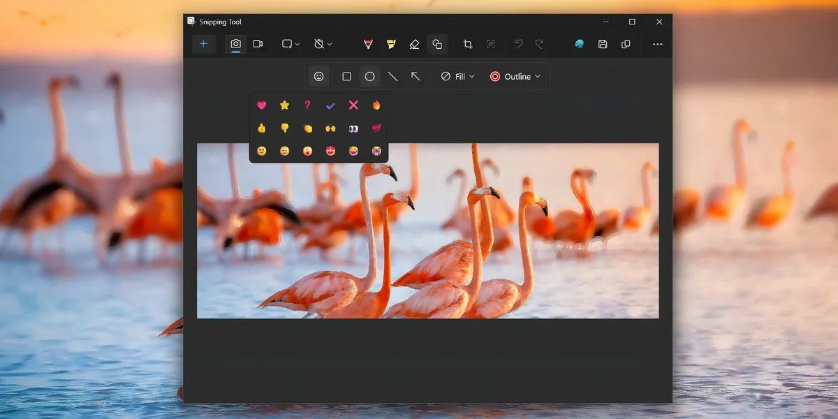 Thanh tùy chọn thêm biểu tượng cảm xúc và hình dạng vào ảnh chụp màn hình trong Snipping Tool Windows 11
