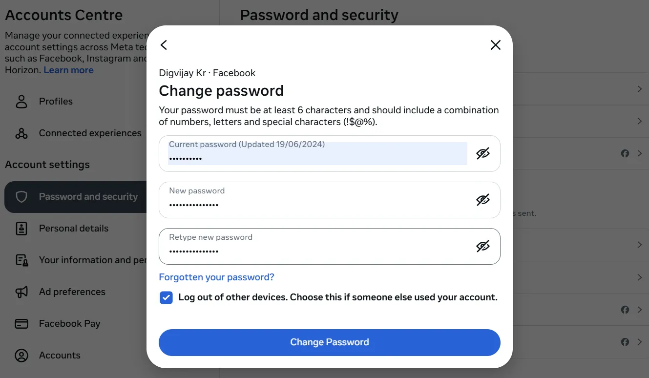 Thay đổi mật khẩu Facebook