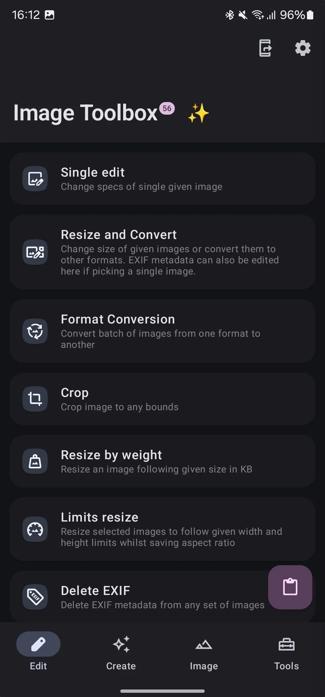 Thẻ Chỉnh sửa trong ứng dụng Image Toolbox.