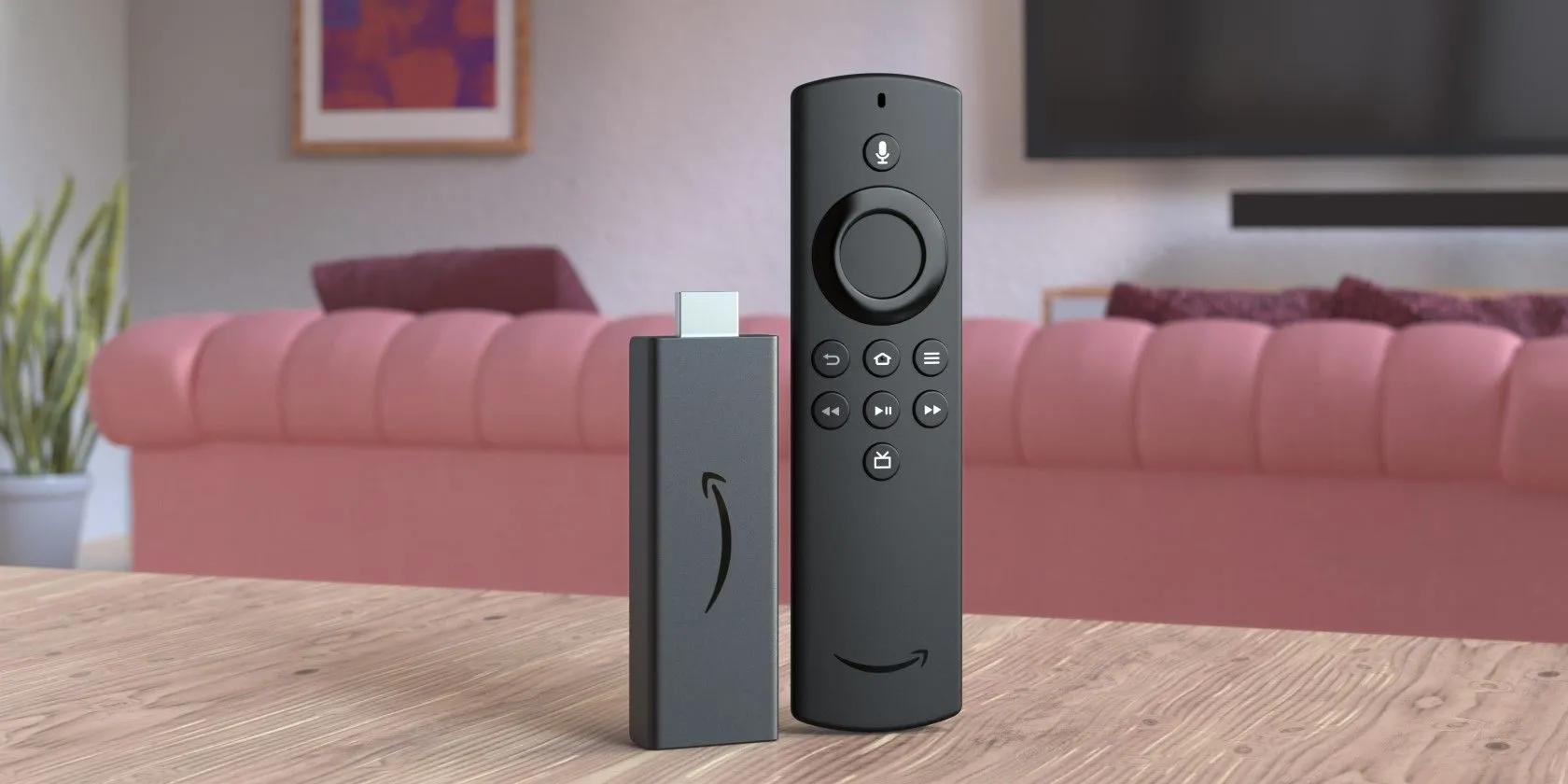 Thiết bị Fire TV Stick và điều khiển từ xa trên bàn cà phê, thể hiện sự đơn giản của các dòng streaming stick giá rẻ