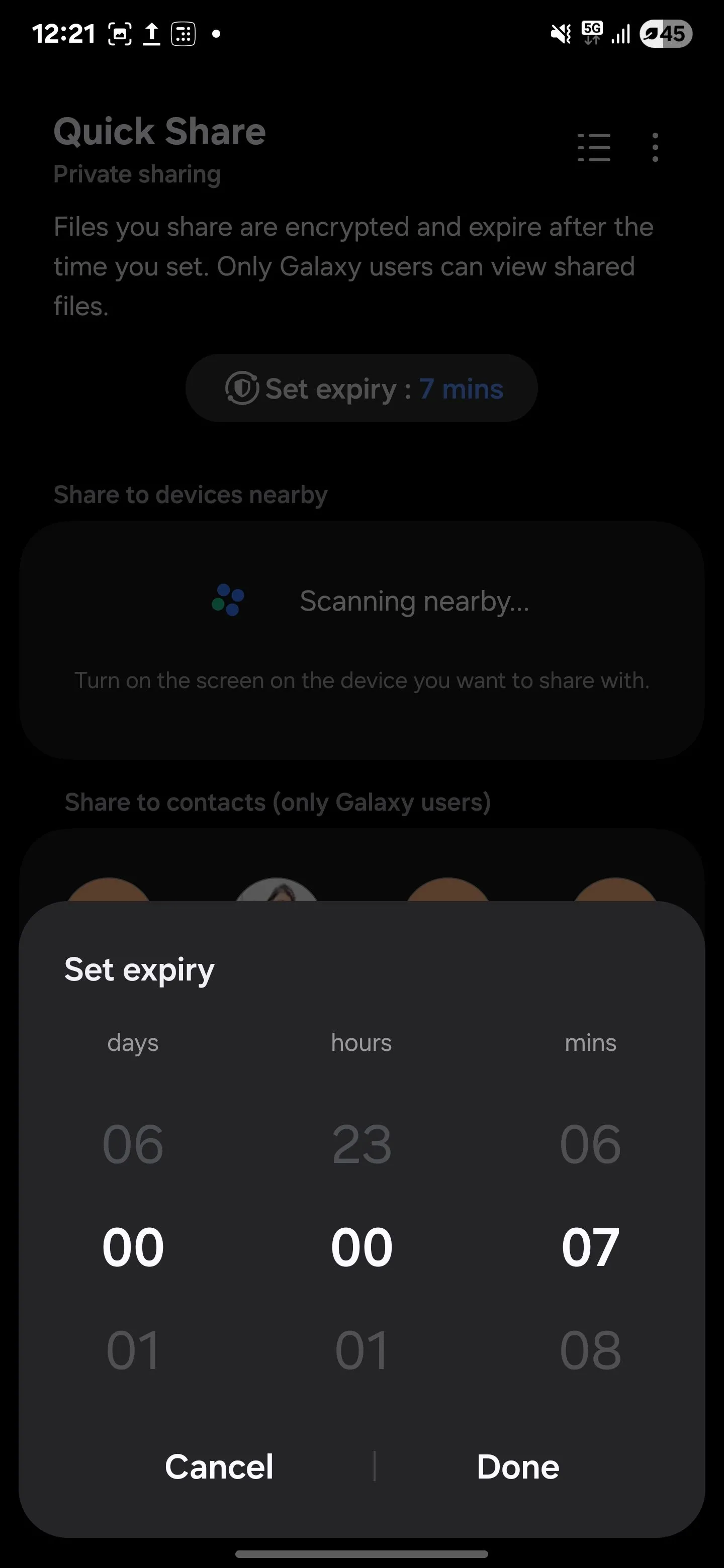 Thiết lập thời gian hết hạn cho file được chia sẻ qua Private Sharing trên thiết bị Samsung.